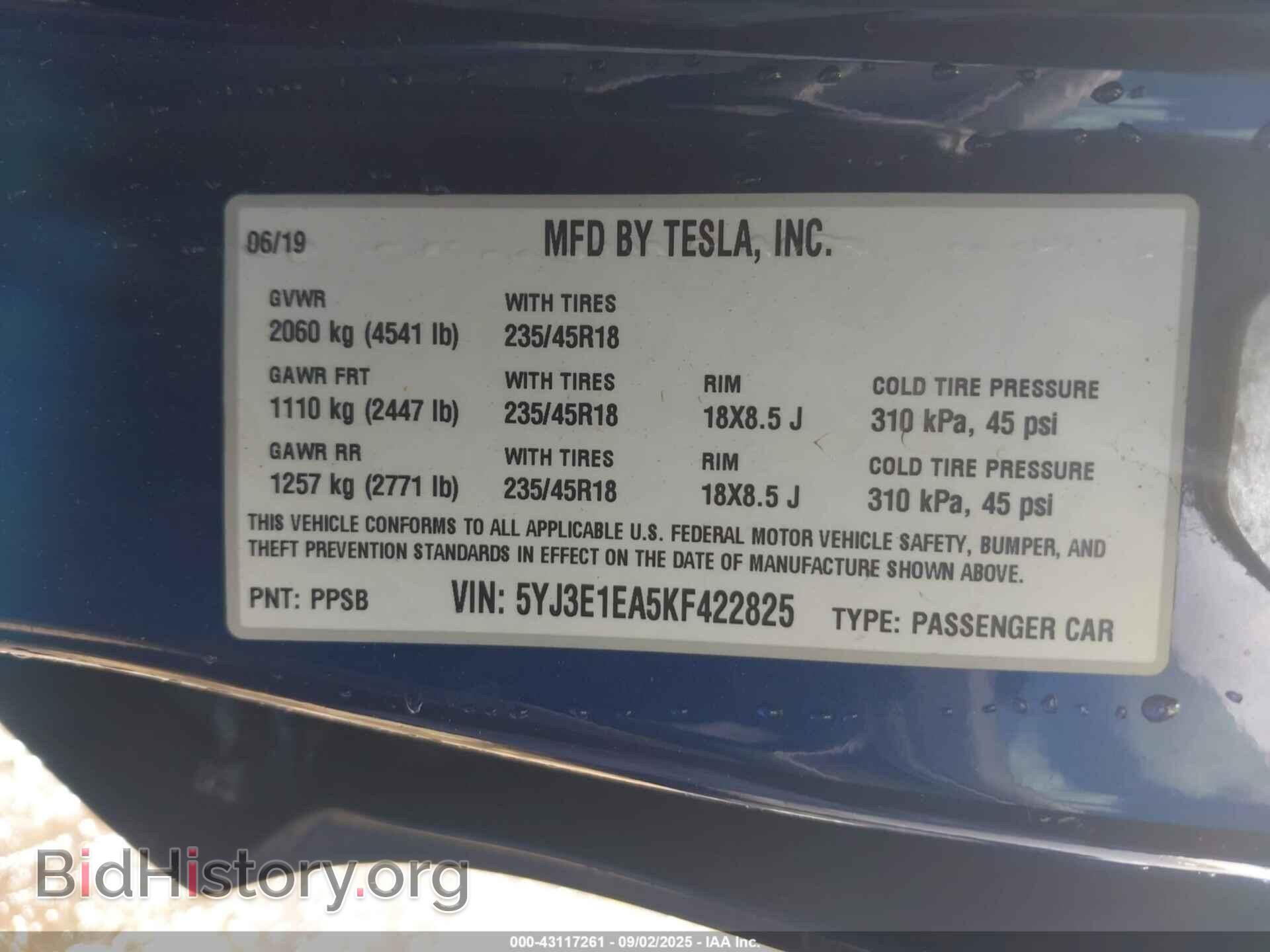 2019 TESLA MODEL 3 - VIN: 5YJ3E1EA5KF422825 - Фото 9