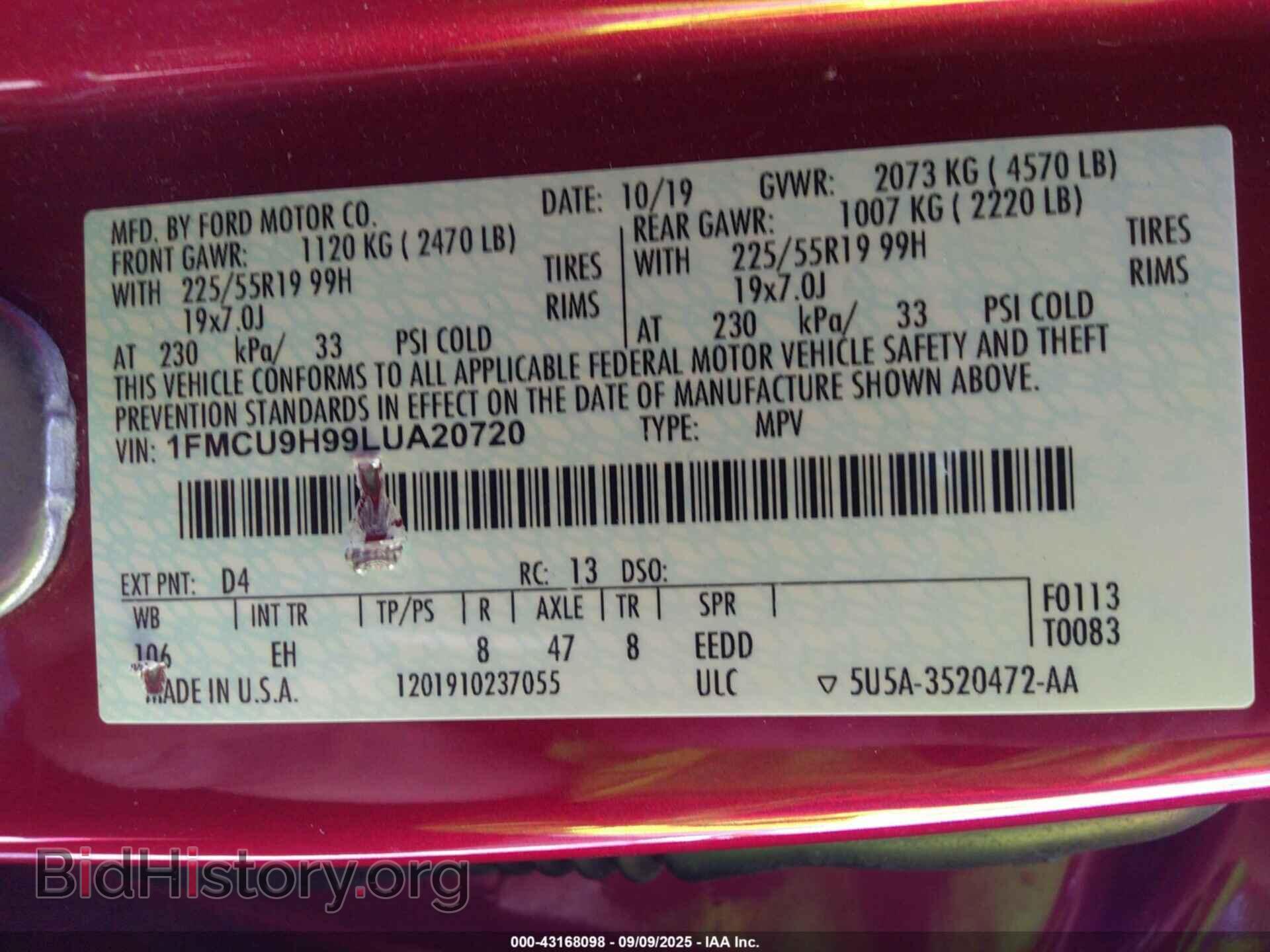 2020 FORD ESCAPE - VIN: 1FMCU9H99LUA20720 - Фото 9