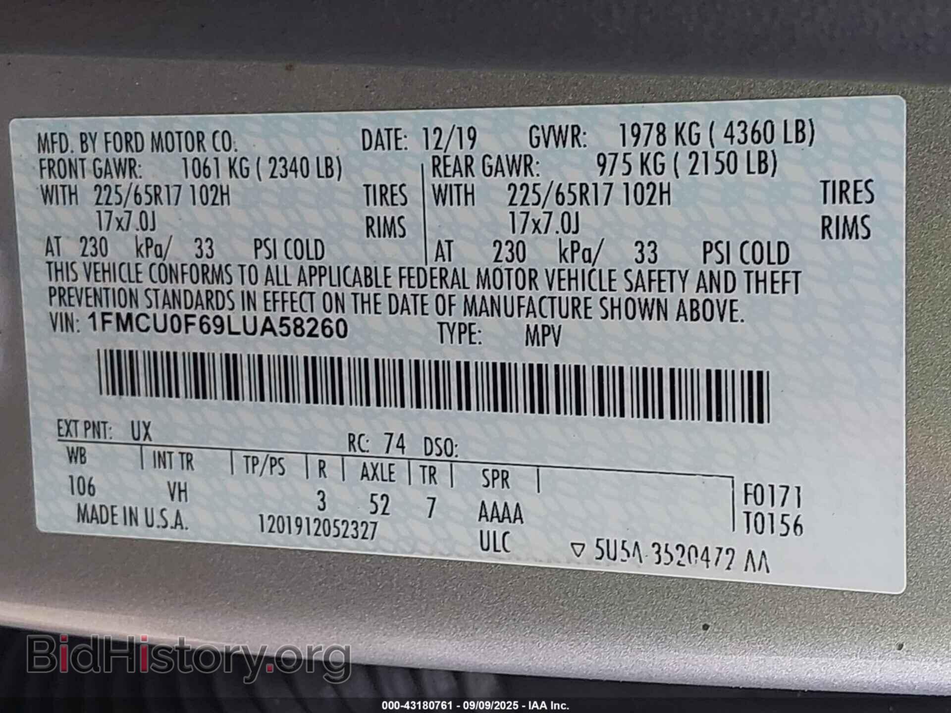 2020 FORD ESCAPE - VIN: 1FMCU0F69LUA58260 - Photo 9