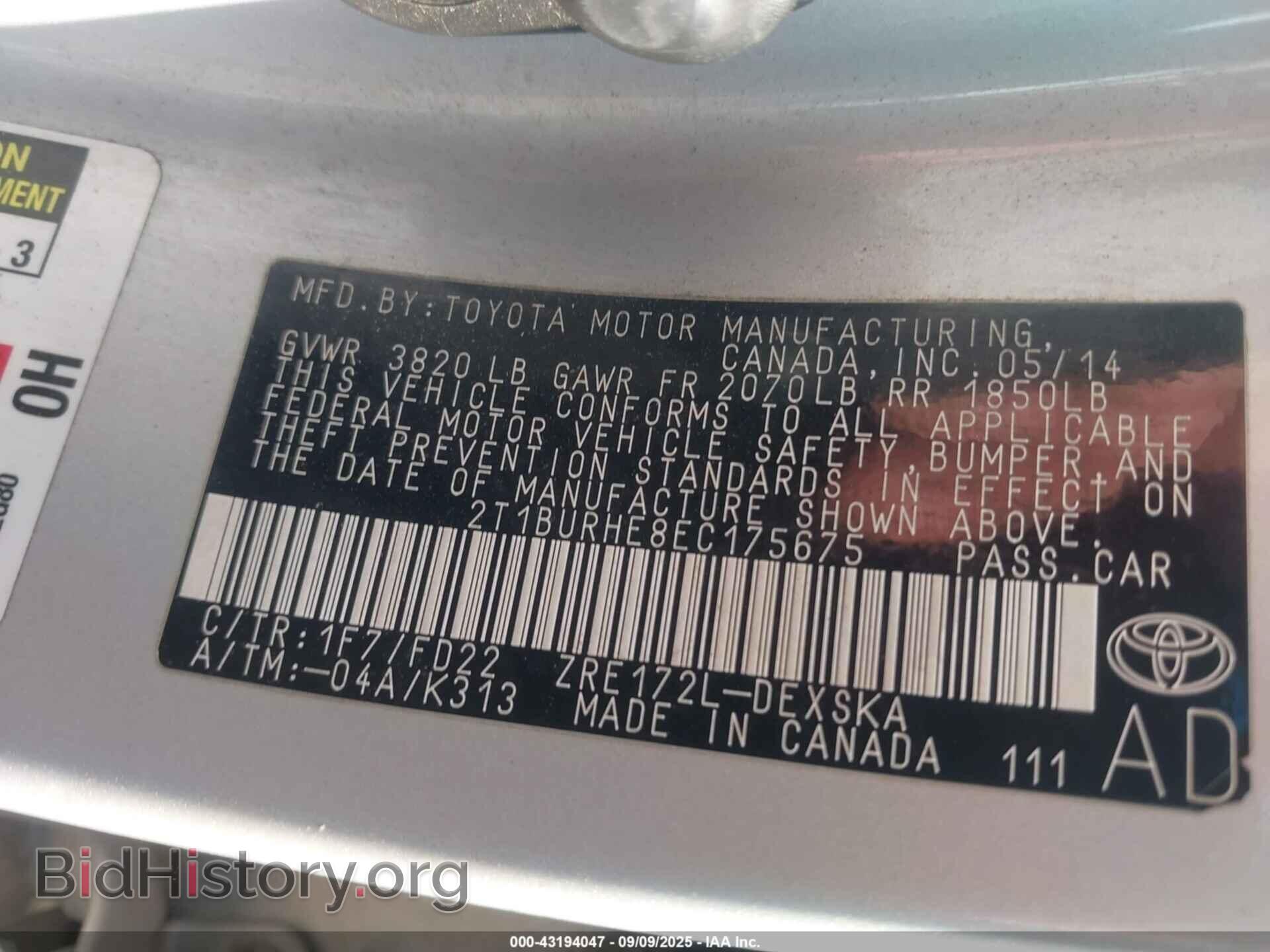 2014 TOYOTA COROLLA - VIN: 2T1BURHE8EC175675 - Фото 9