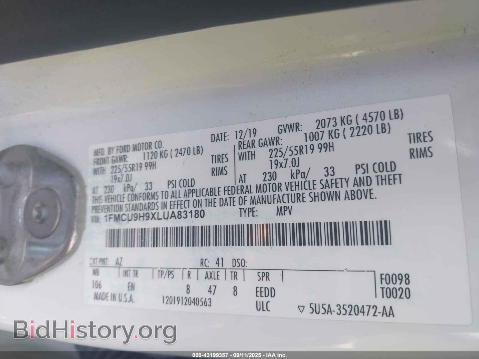 2020 FORD ESCAPE - VIN: 1FMCU9H9XLUA83180 - Фото 9