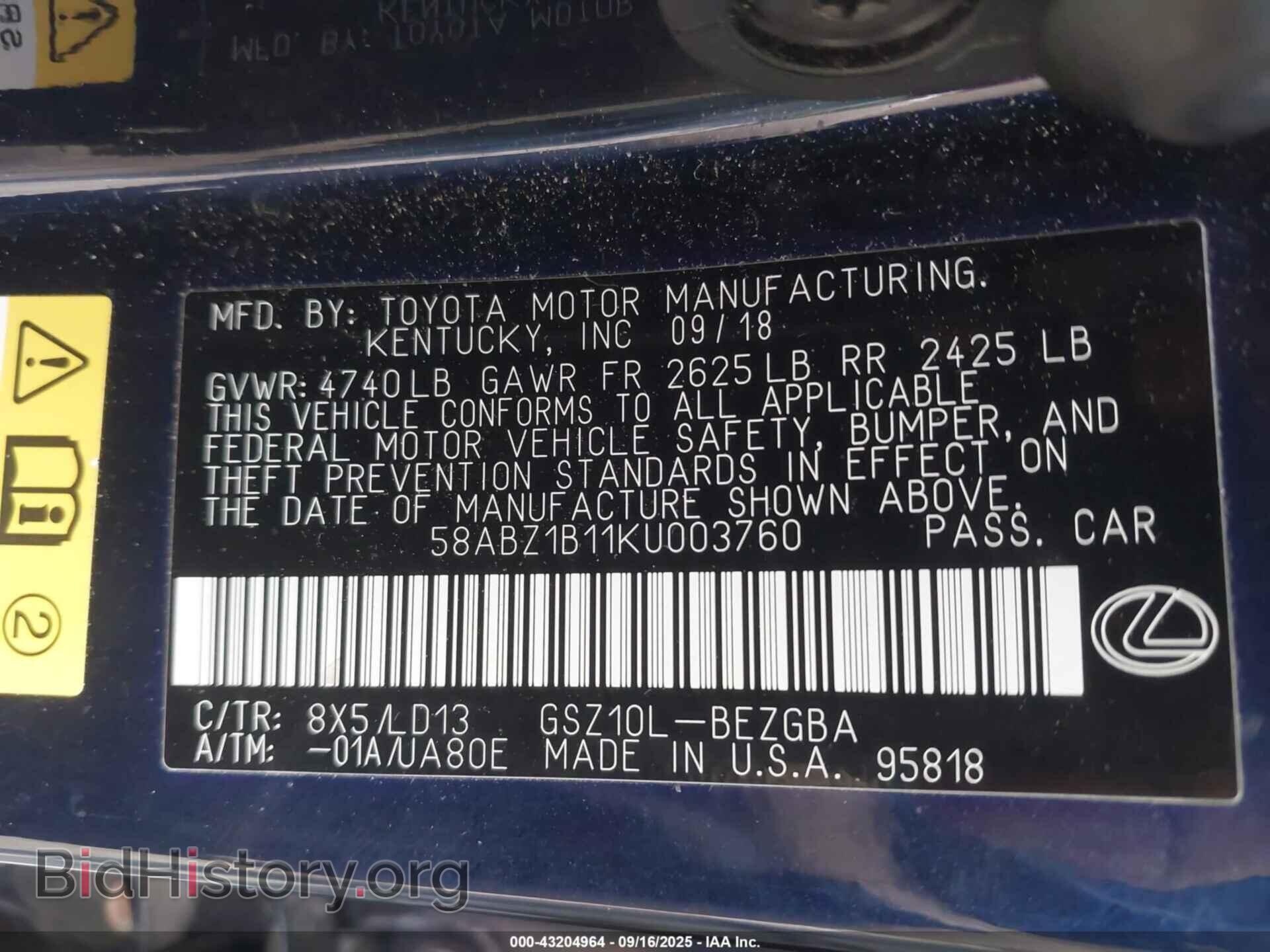 2019 LEXUS ES 350 - VIN: 58ABZ1B11KU003760 - Фото 9