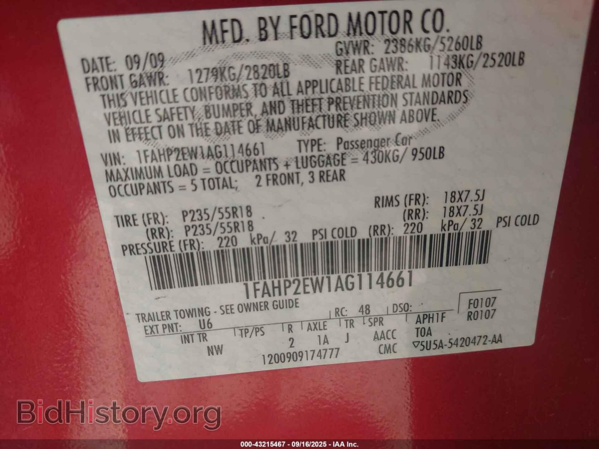 2010 FORD TAURUS - VIN: 1FAHP2EW1AG114661 - Фото 9