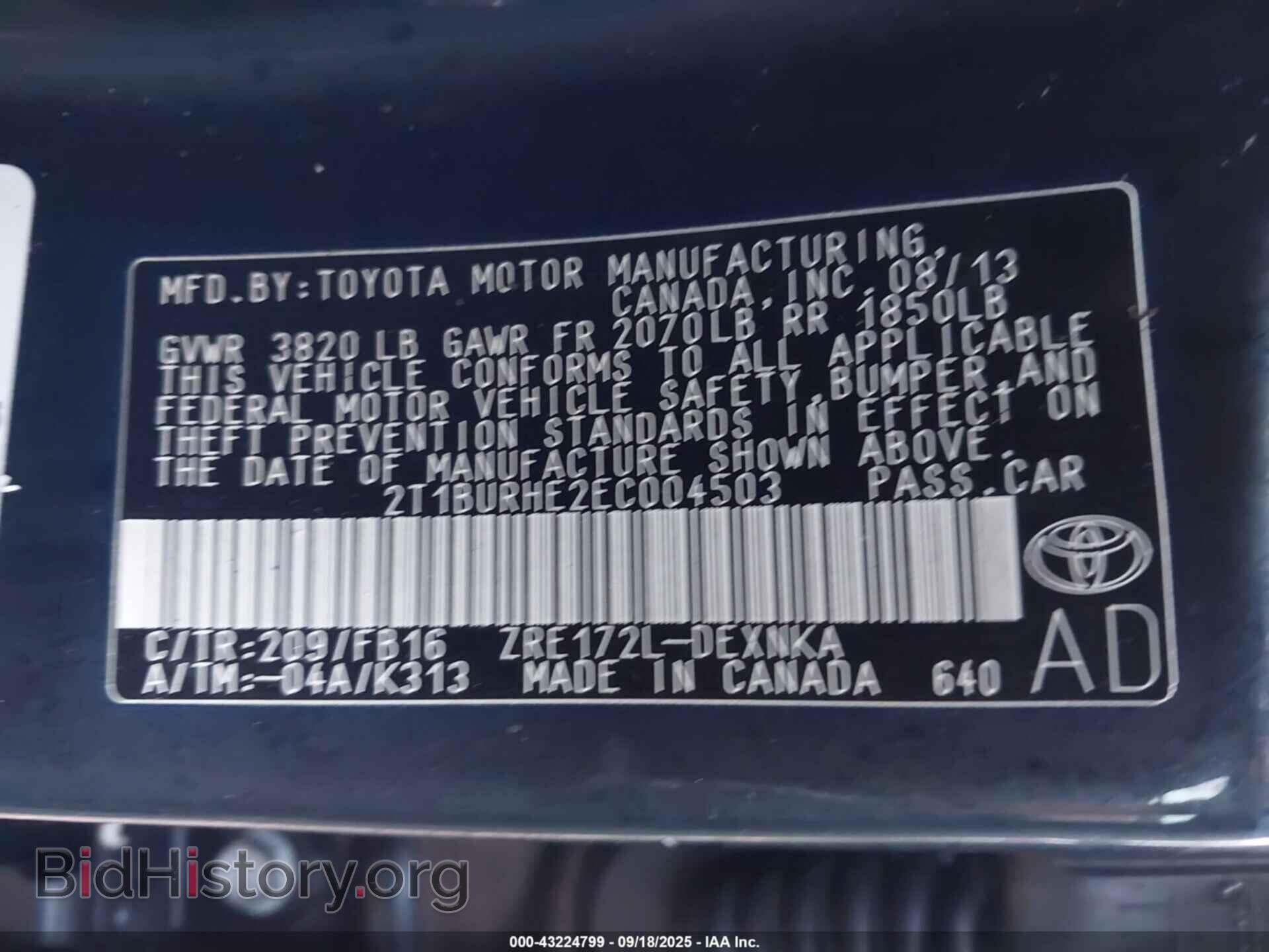 2014 TOYOTA COROLLA - VIN: 2T1BURHE2EC004503 - Фото 9