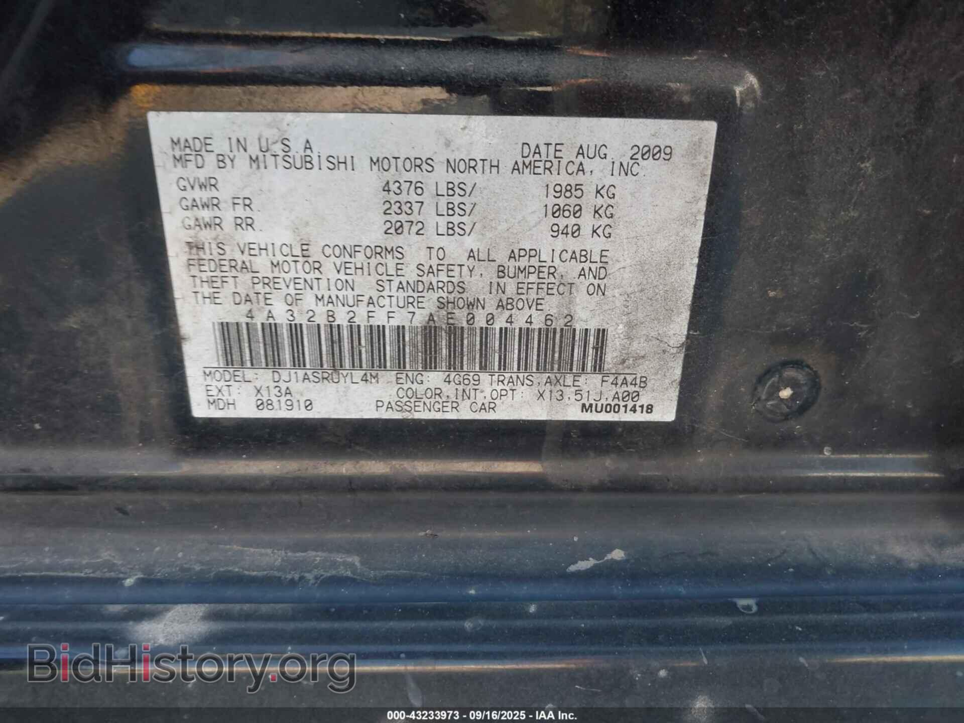2010 MITSUBISHI GALANT - VIN: 4A32B2FF7AE004462 - Фото 9