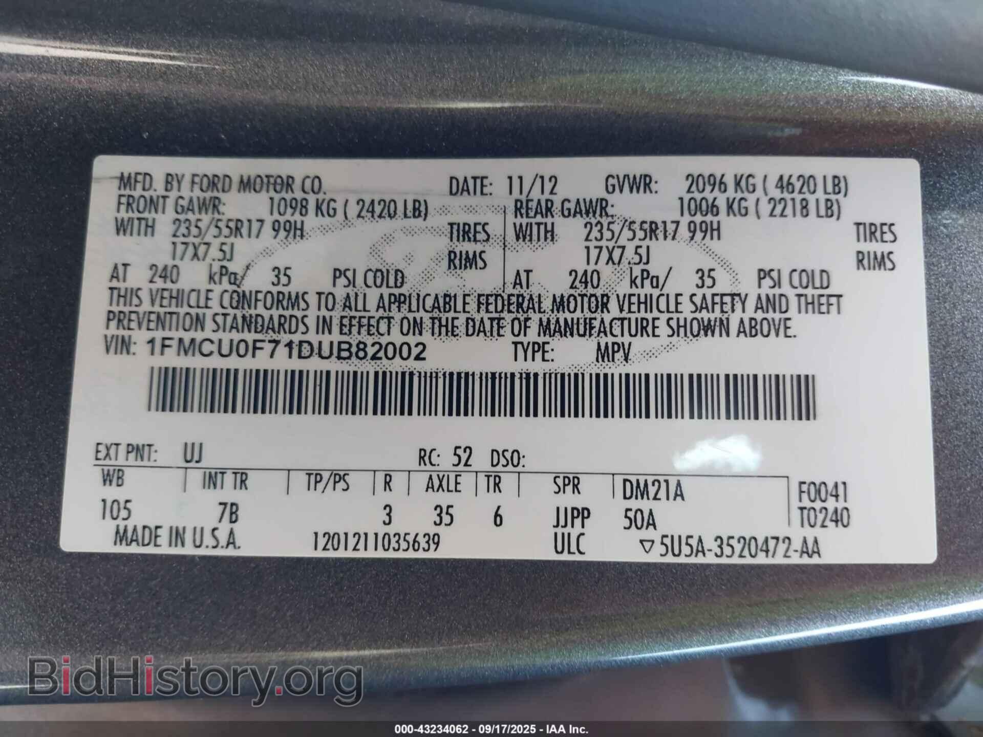 2013 FORD ESCAPE - VIN: 1FMCU0F71DUB82002 - Фото 9