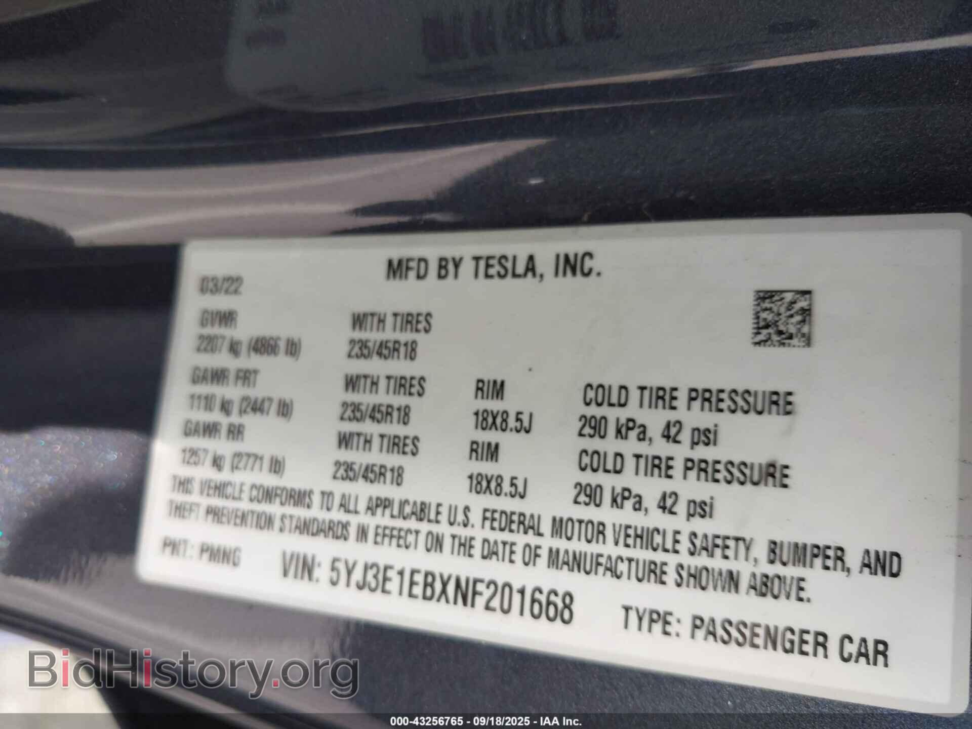 2022 TESLA MODEL 3 - VIN: 5YJ3E1EBXNF201668 - Фото 9