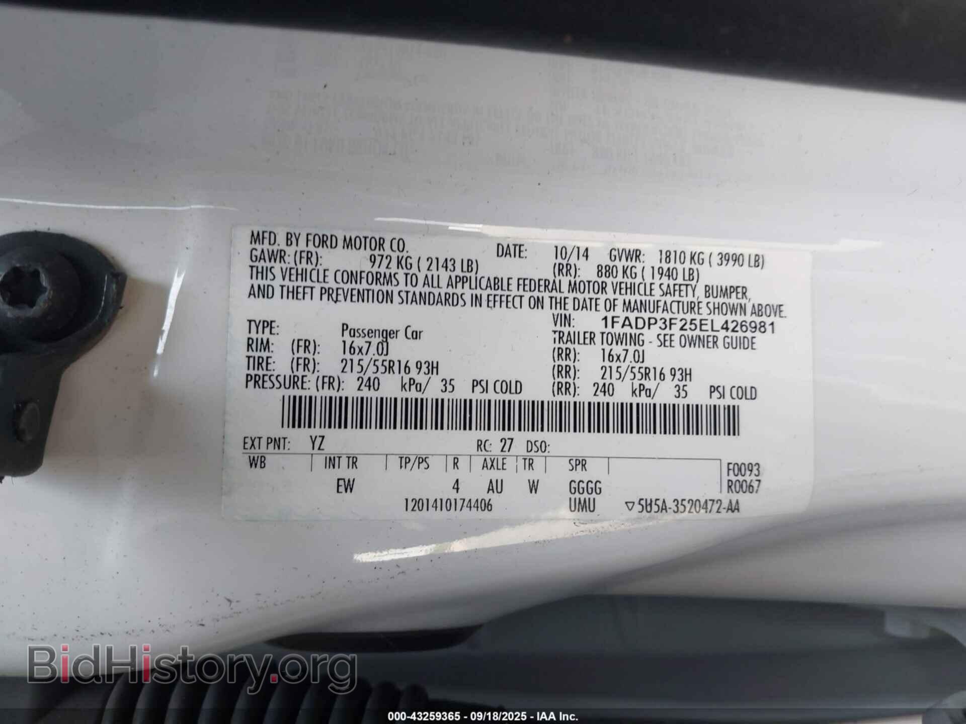 2014 FORD FOCUS - VIN: 1FADP3F25EL426981 - Фото 9