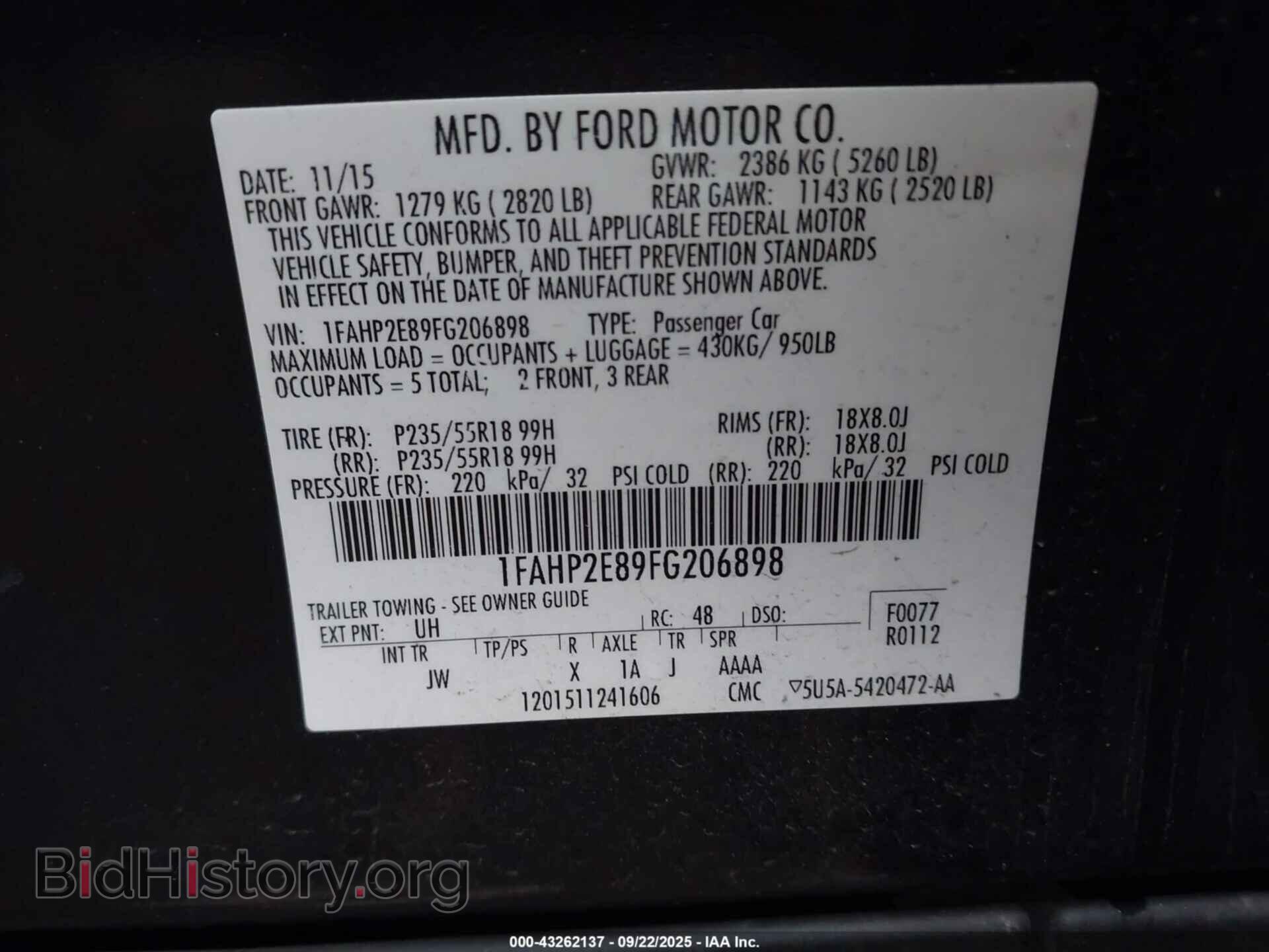 2015 FORD TAURUS - VIN: 1FAHP2E89FG206898 - Фото 9