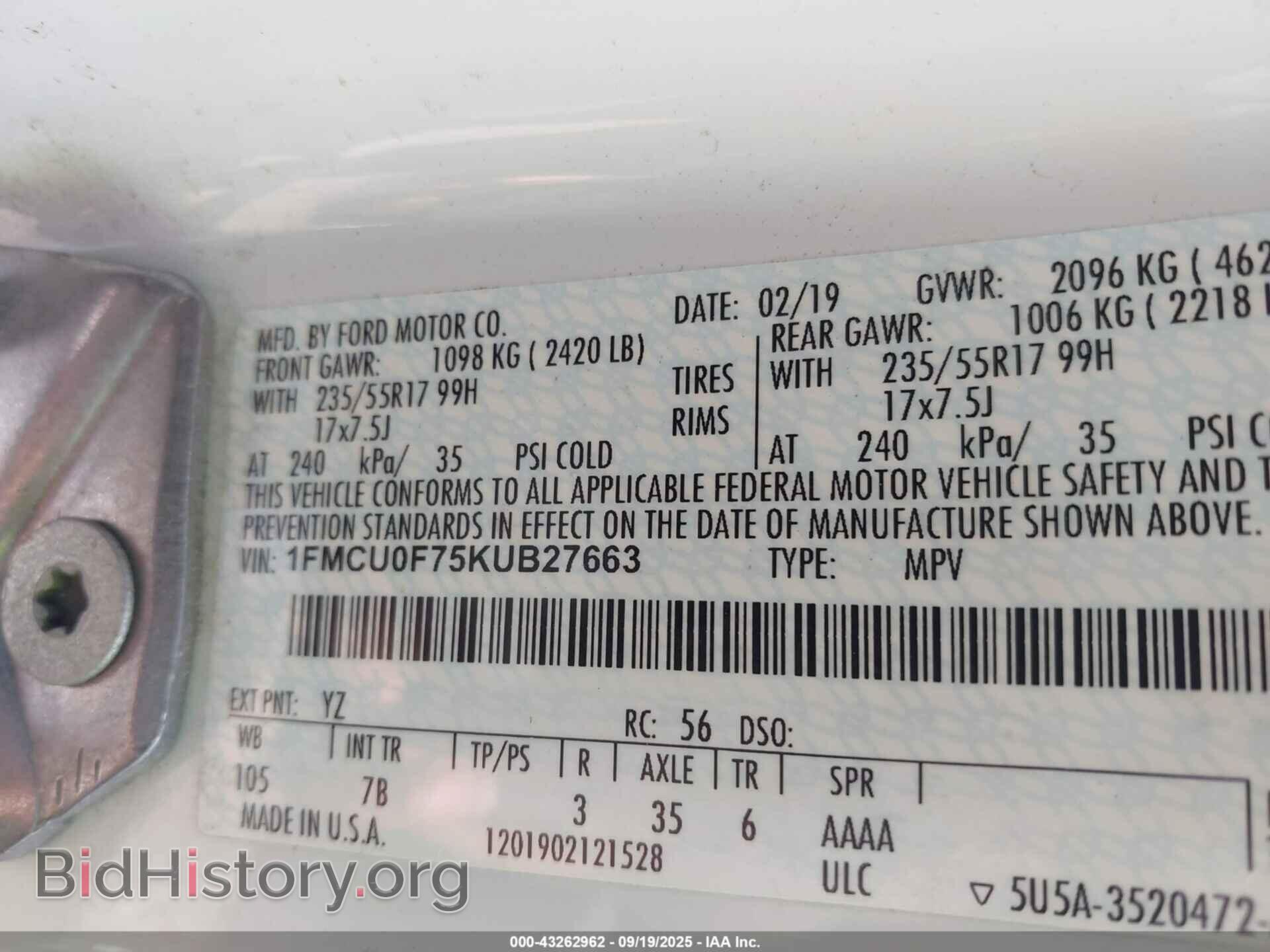 2019 FORD ESCAPE - VIN: 1FMCU0F75KUB27663 - Фото 9