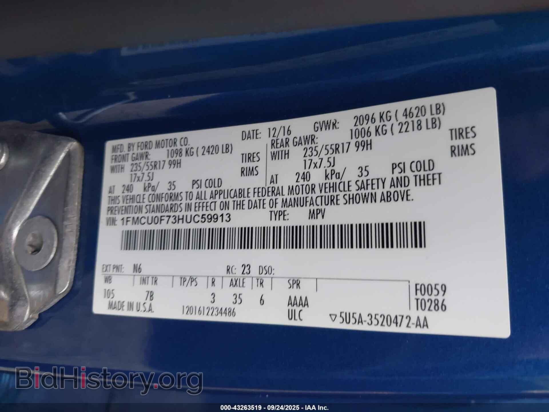 2017 FORD ESCAPE - VIN: 1FMCU0F73HUC59913 - Фото 9