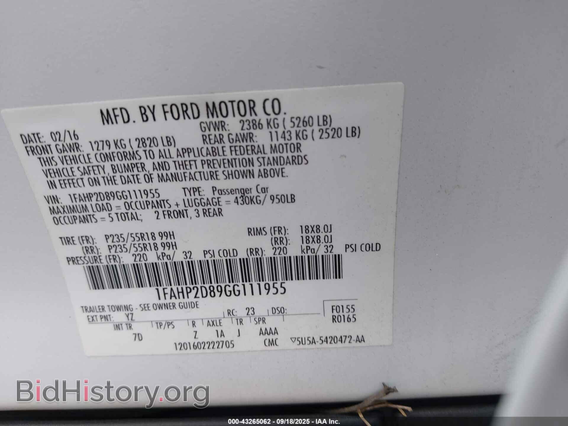 2016 FORD TAURUS - VIN: 1FAHP2D89GG111955 - Фото 9