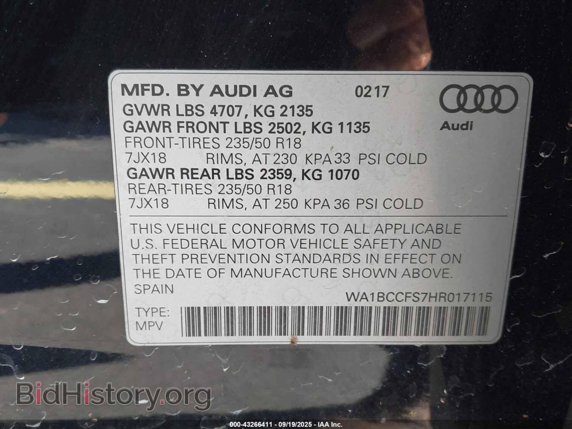 2017 AUDI Q3 - VIN: WA1BCCFS7HR017115 - Фото 9