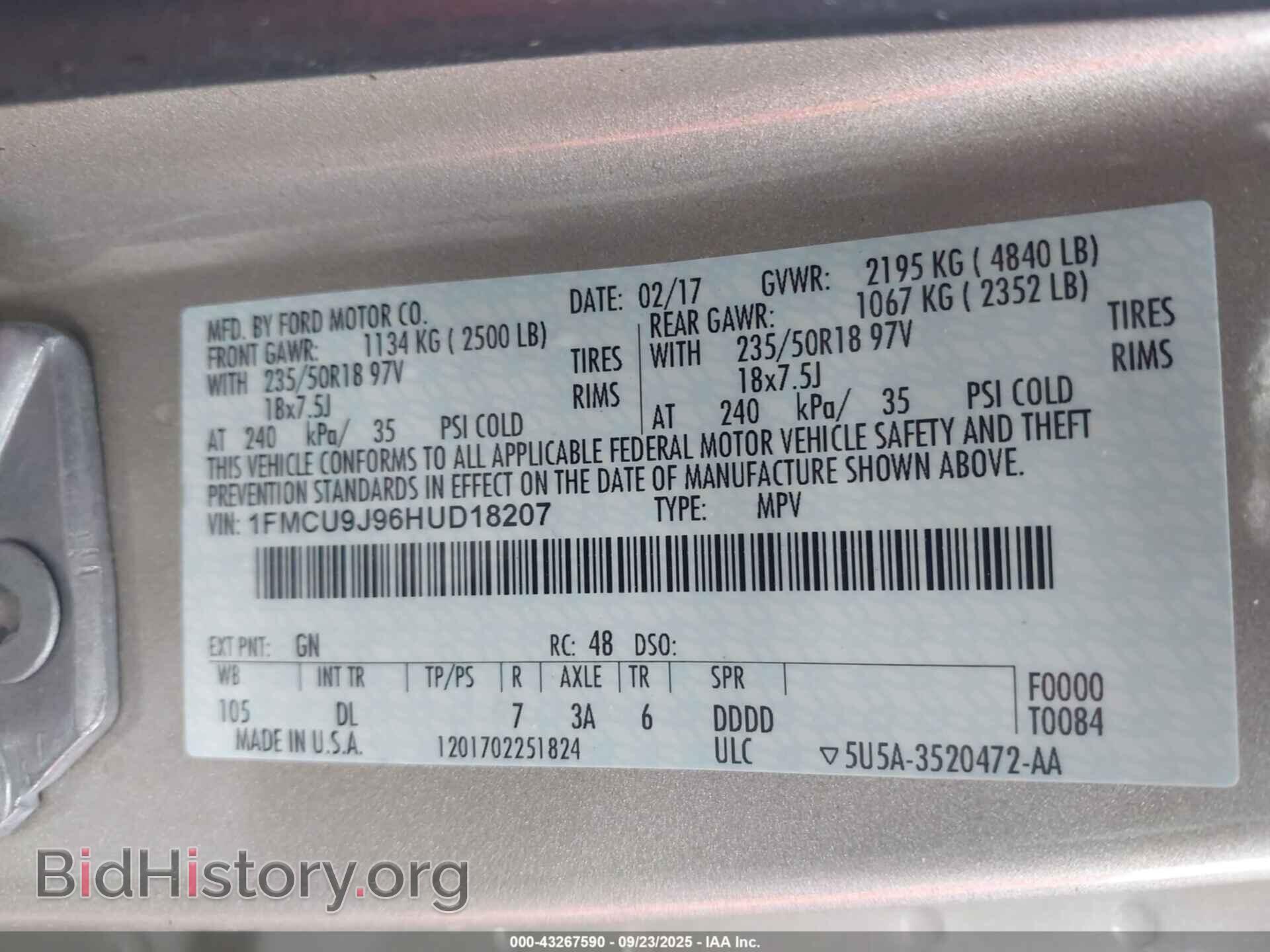 2017 FORD ESCAPE - VIN: 1FMCU9J96HUD18207 - Фото 9