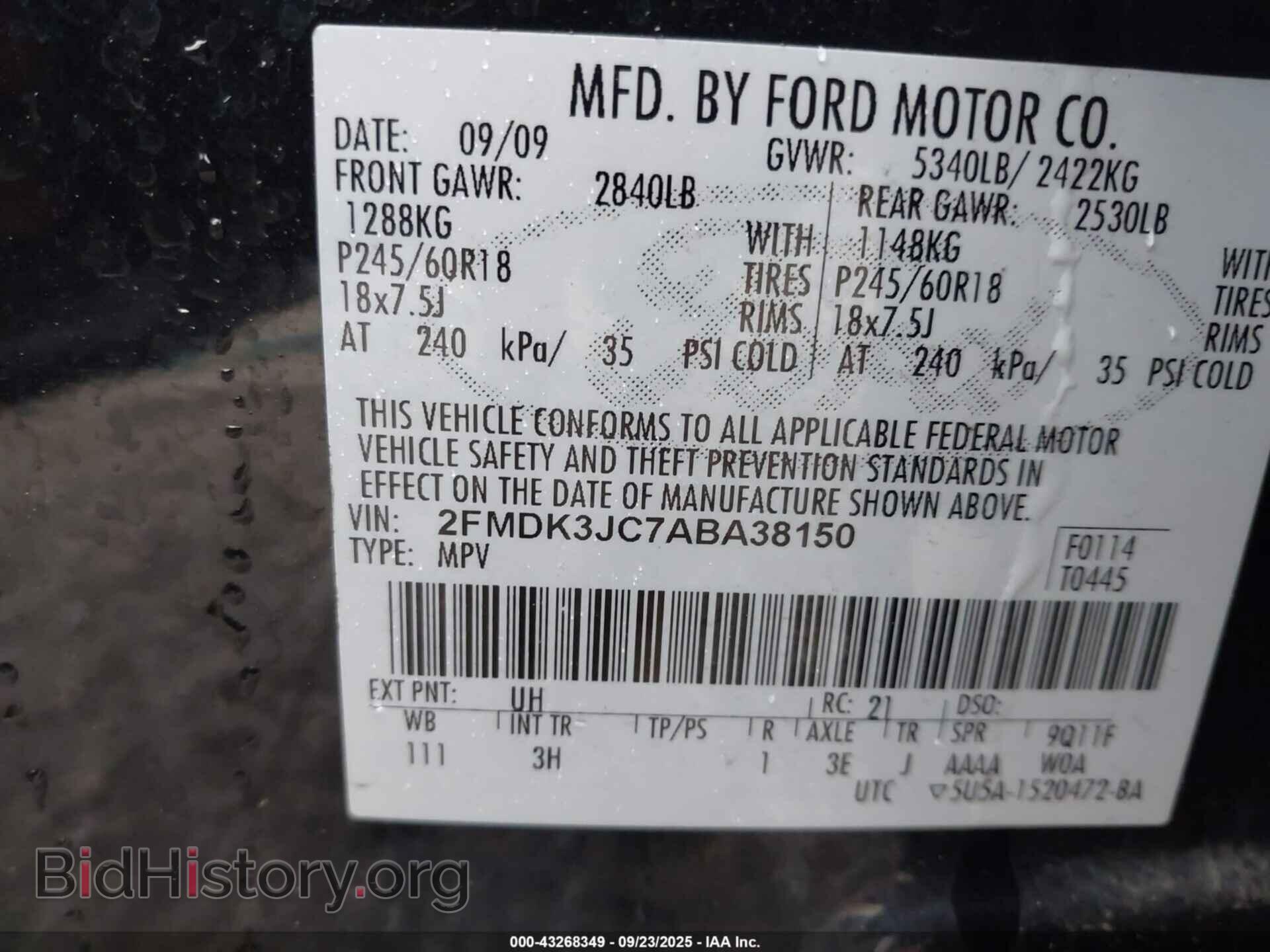 2010 FORD EDGE - VIN: 2FMDK3JC7ABA38150 - Фото 9