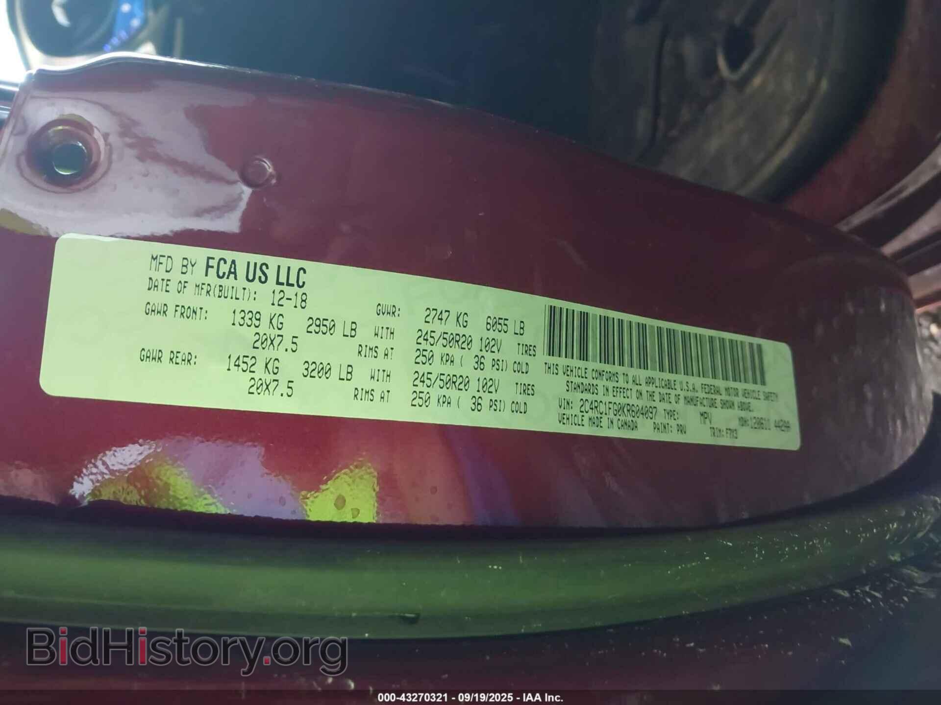 2019 CHRYSLER PACIFICA - VIN: 2C4RC1FG0KR604097 - Фото 9