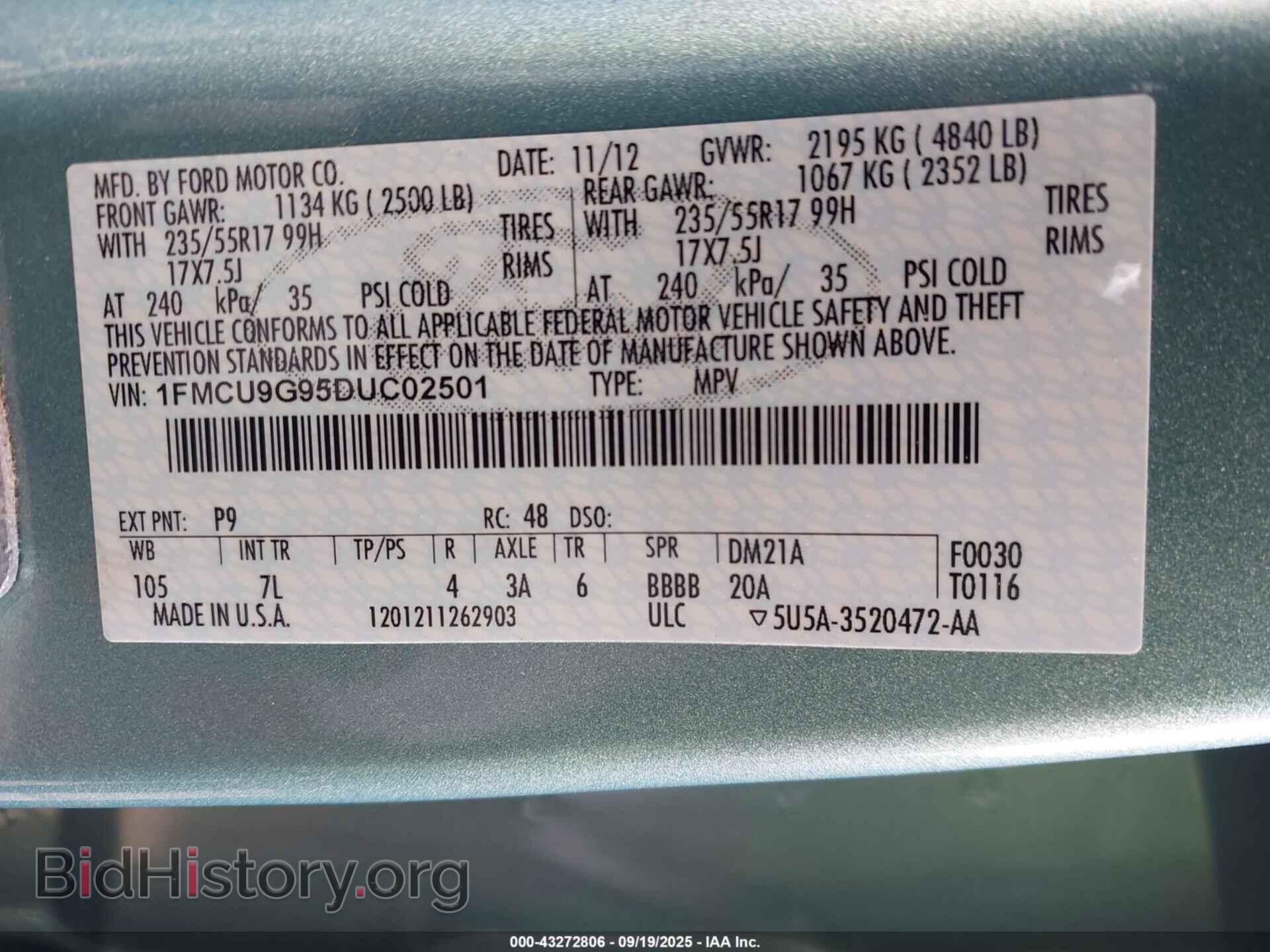 2013 FORD ESCAPE - VIN: 1FMCU9G95DUC02501 - Фото 9