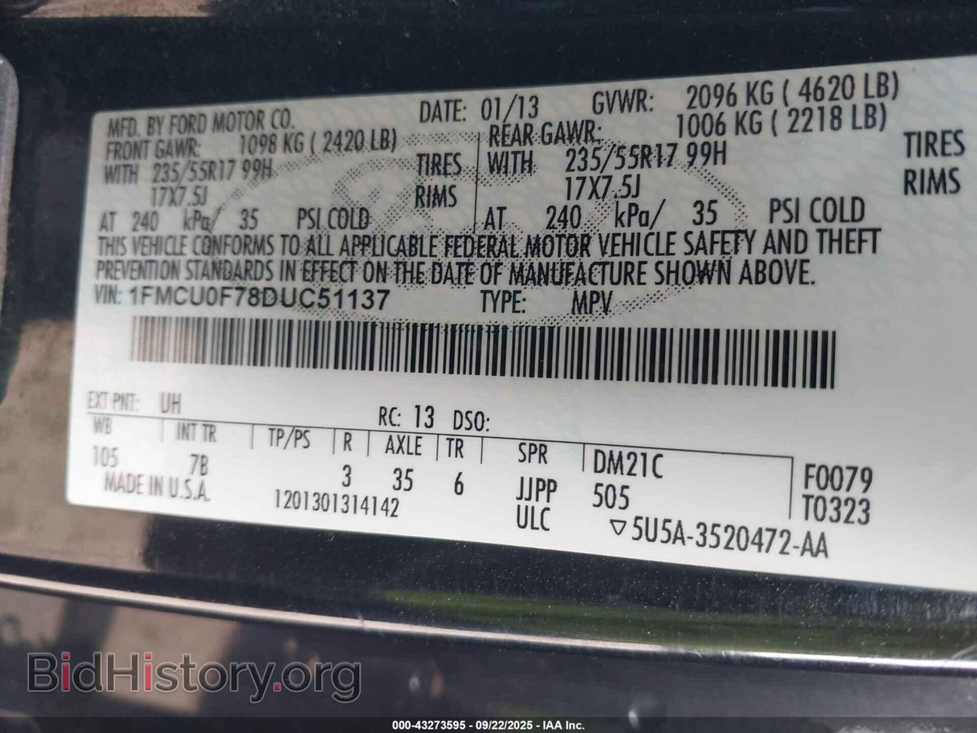 2013 FORD ESCAPE - VIN: 1FMCU0F78DUC51137 - Фото 9