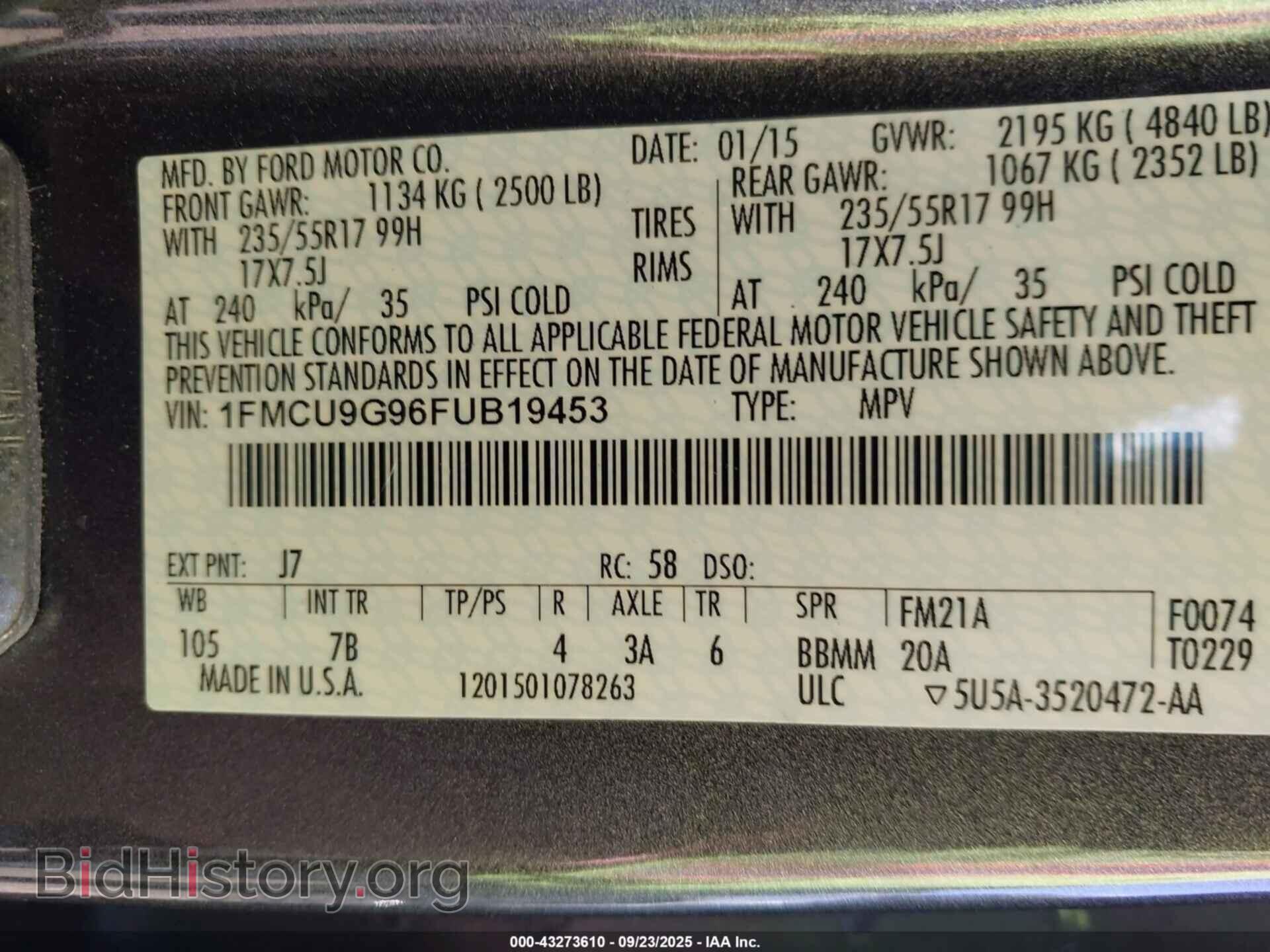 2015 FORD ESCAPE - VIN: 1FMCU9G96FUB19453 - Фото 9