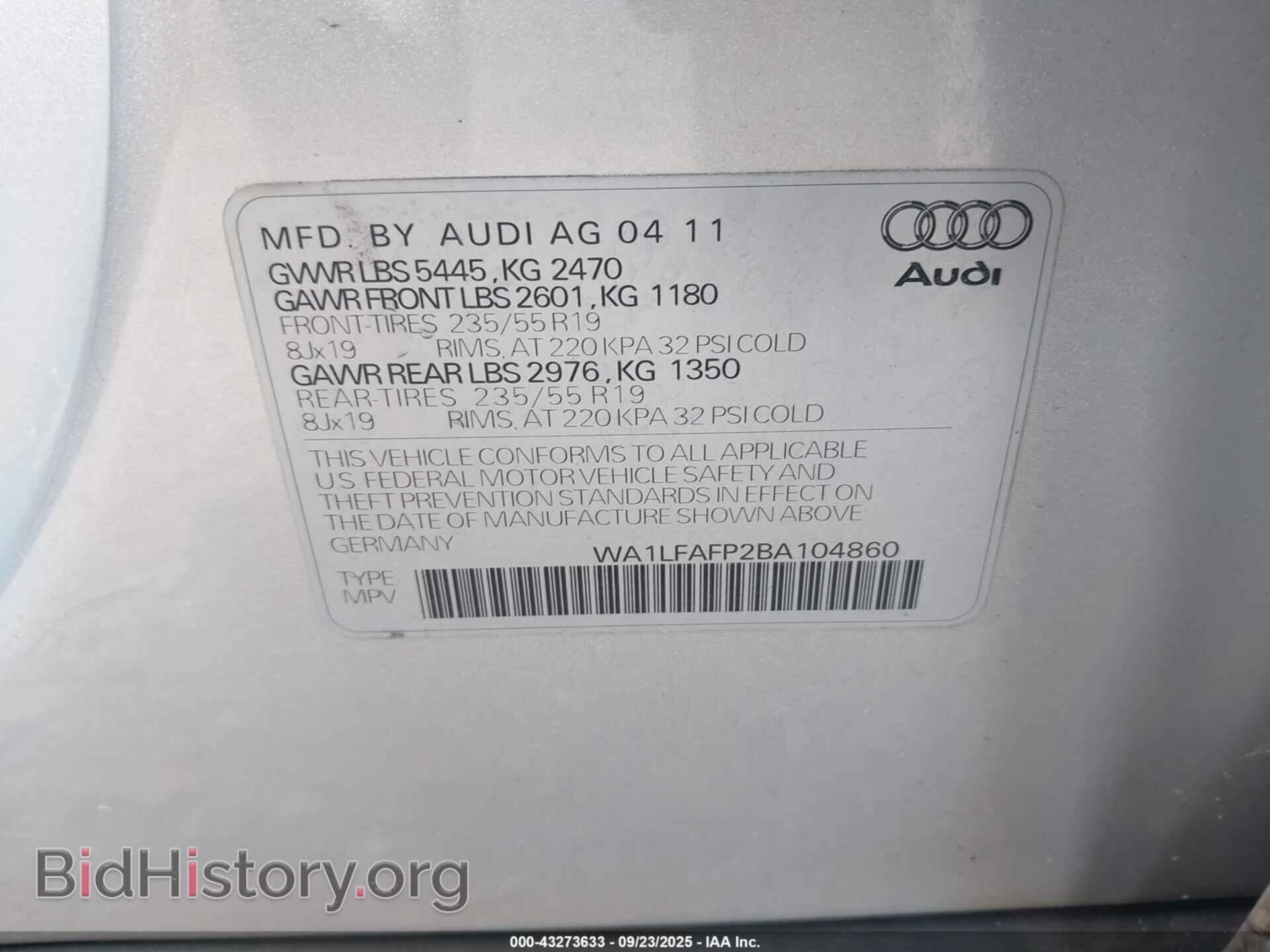 2011 AUDI Q5 - VIN: WA1LFAFP2BA104860 - Фото 9