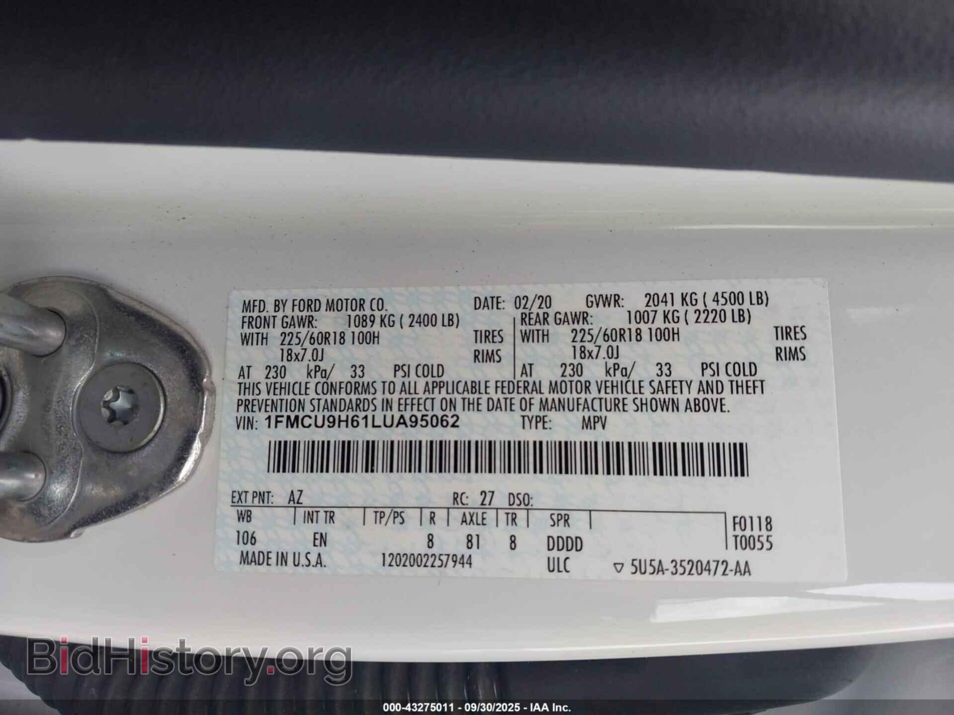 2020 FORD ESCAPE - VIN: 1FMCU9H61LUA95062 - Фото 9