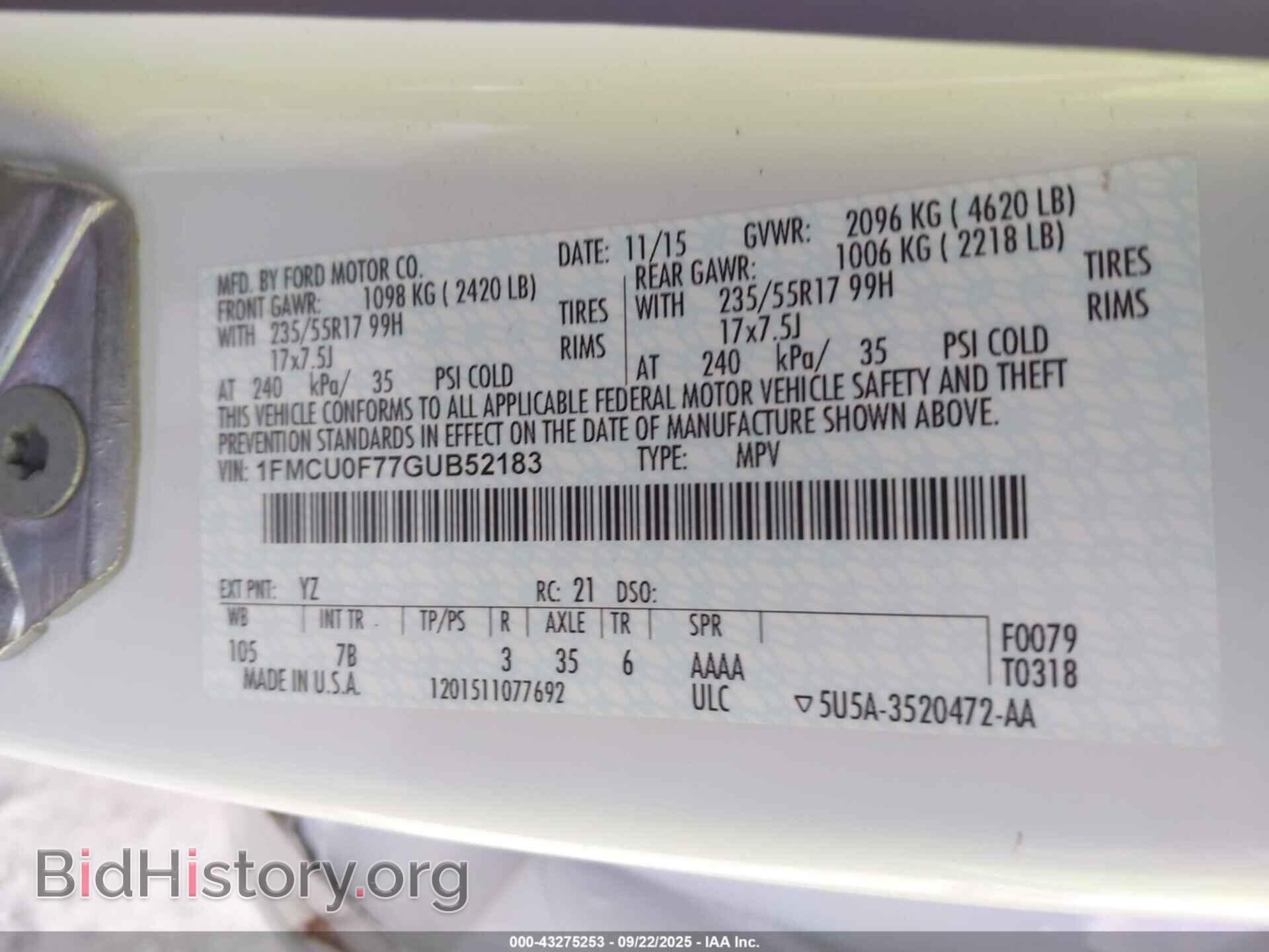 2016 FORD ESCAPE - VIN: 1FMCU0F77GUB52183 - Фото 9
