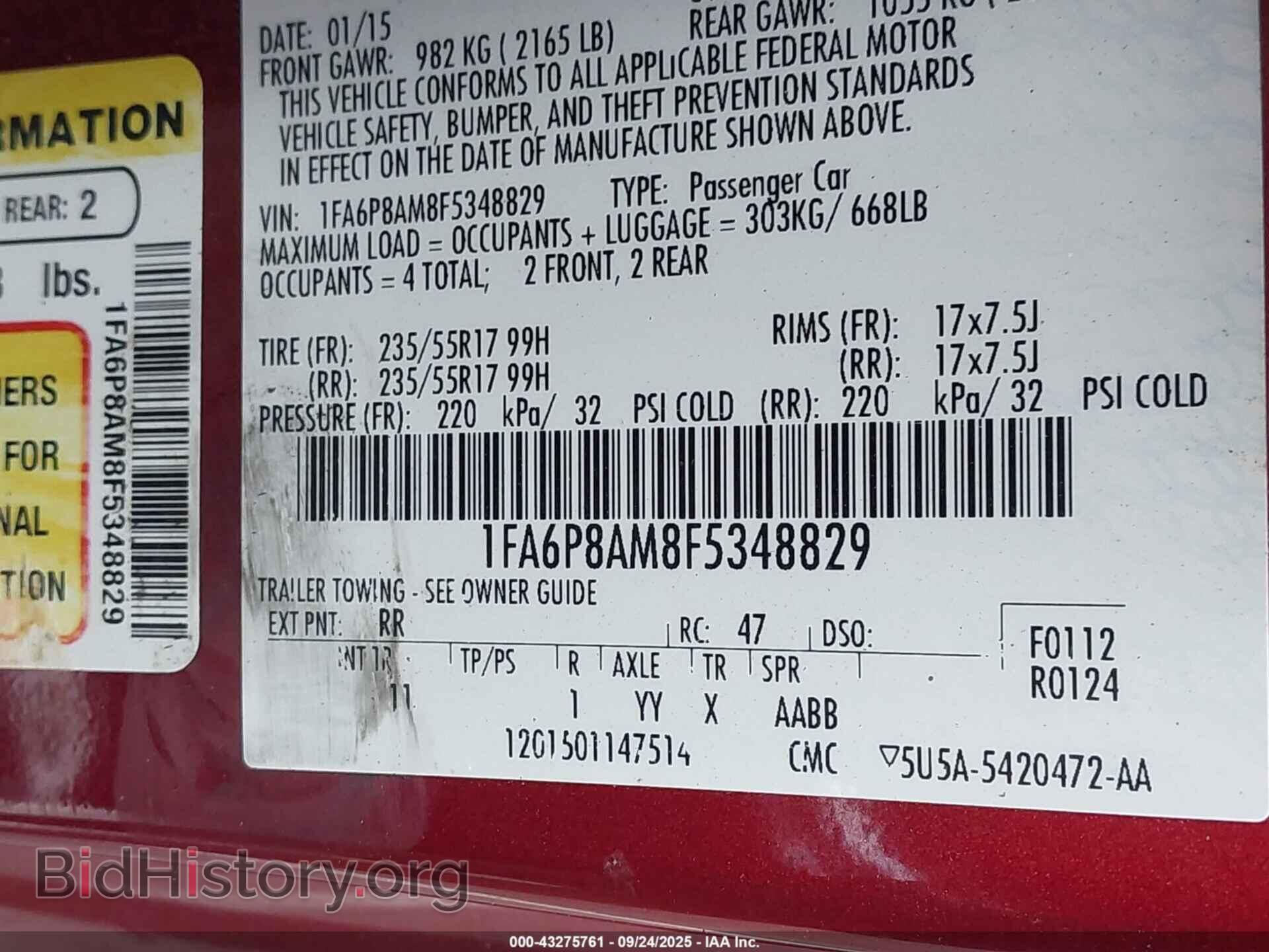 2015 FORD MUSTANG - VIN: 1FA6P8AM8F5348829 - Фото 9