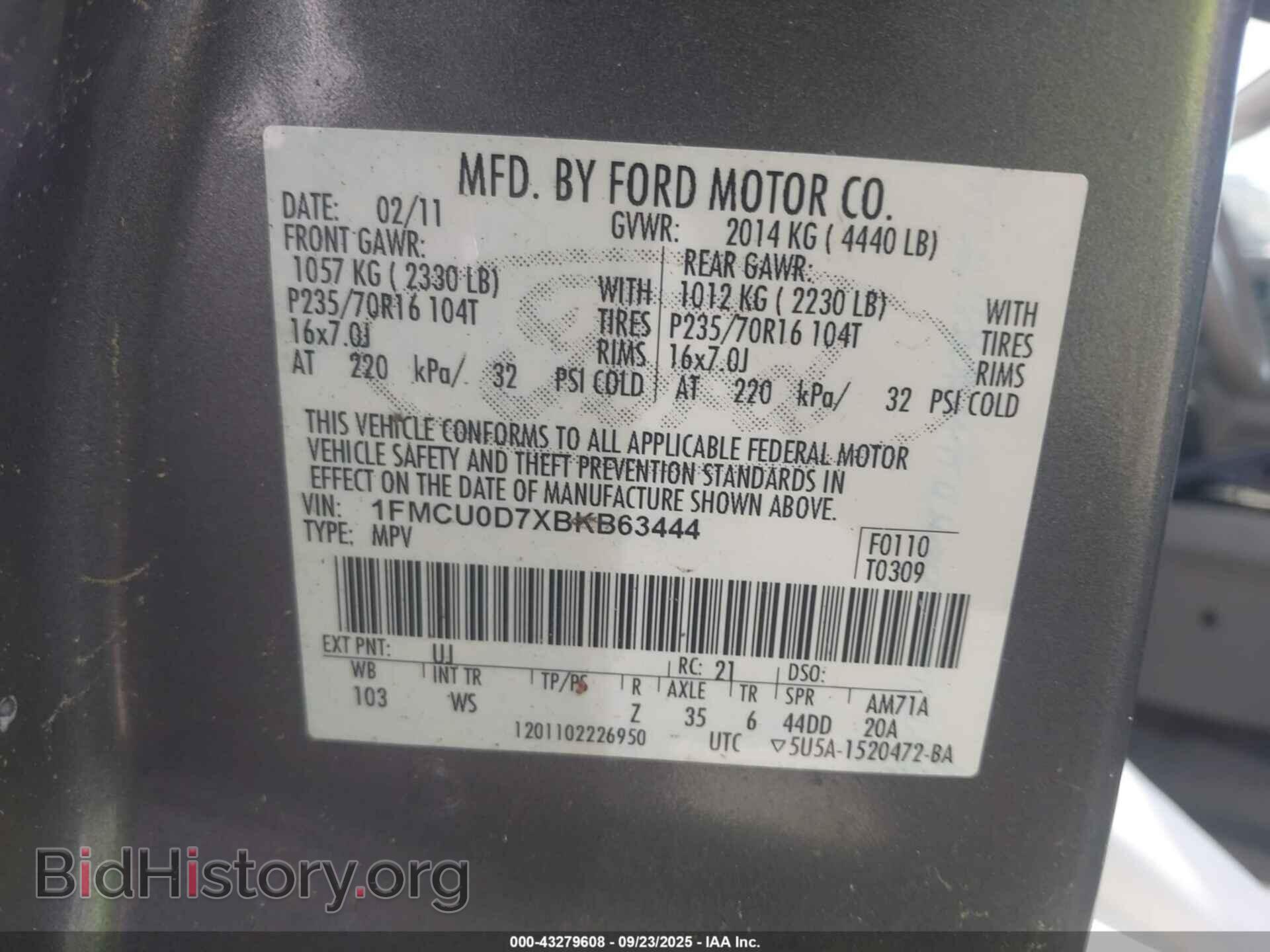 2011 FORD ESCAPE - VIN: 1FMCU0D7XBKB63444 - Фото 9
