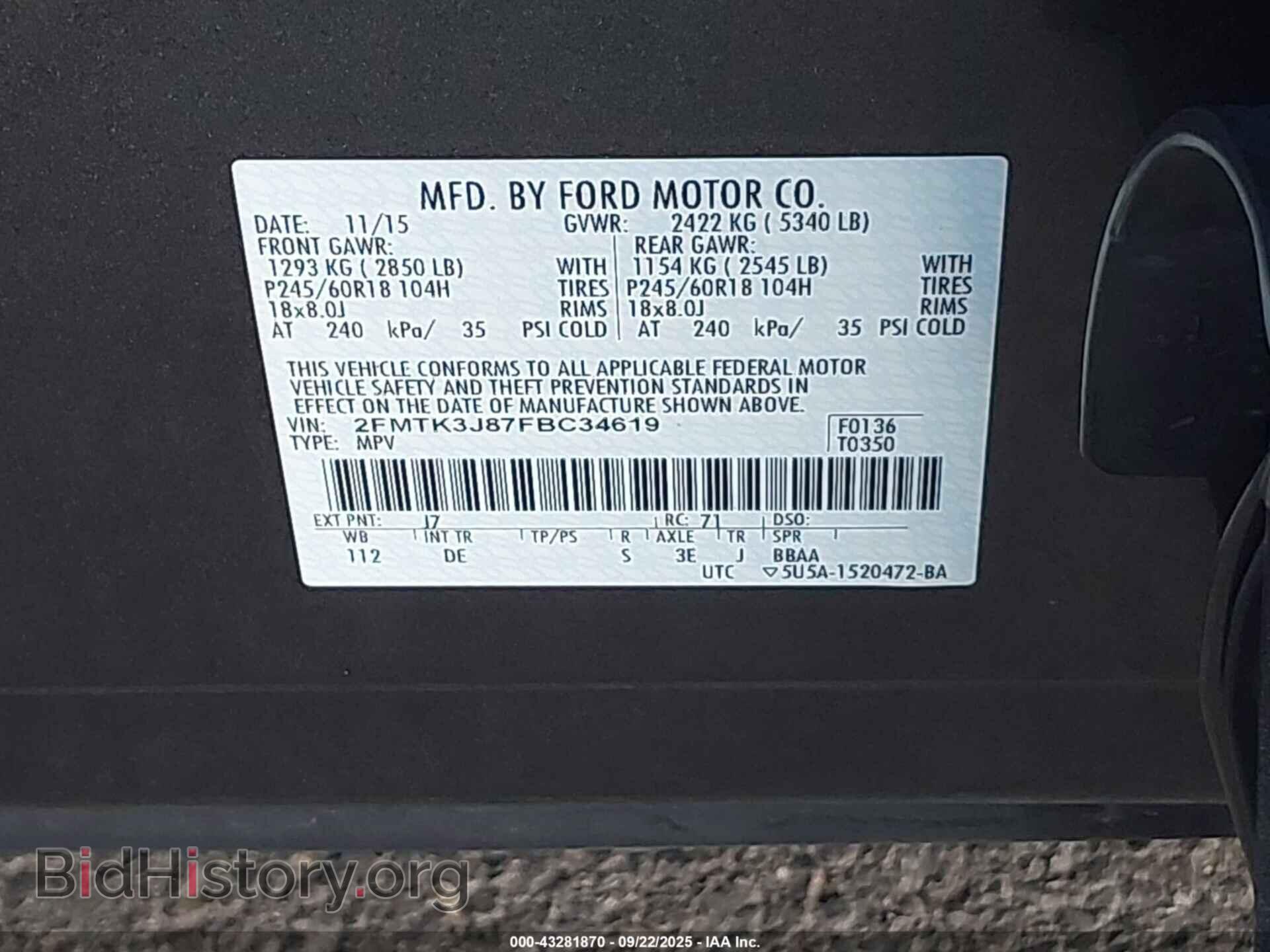 2015 FORD EDGE - VIN: 2FMTK3J87FBC34619 - Photo 9