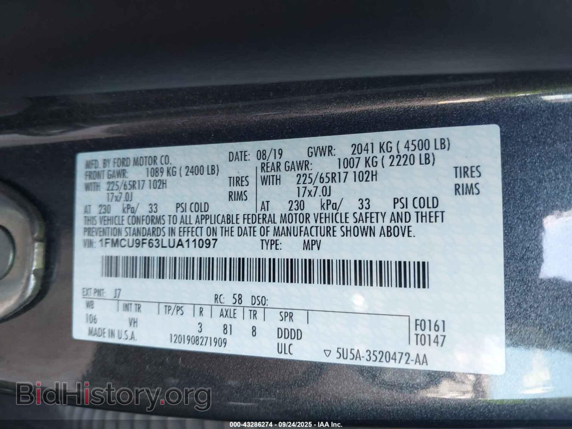 2020 FORD ESCAPE - VIN: 1FMCU9F63LUA11097 - Фото 9