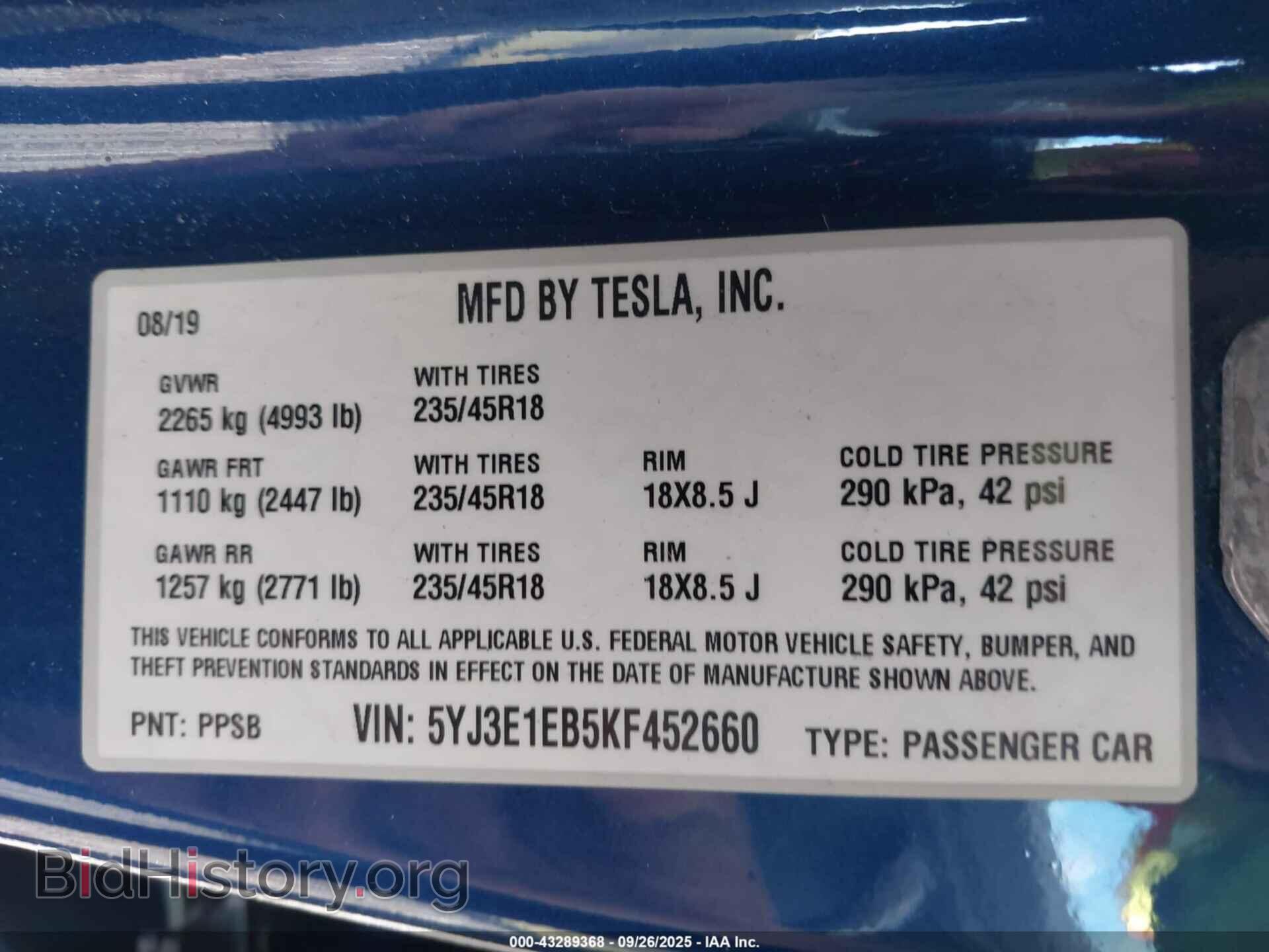 2019 TESLA MODEL 3 - VIN: 5YJ3E1EB5KF452660 - Фото 9