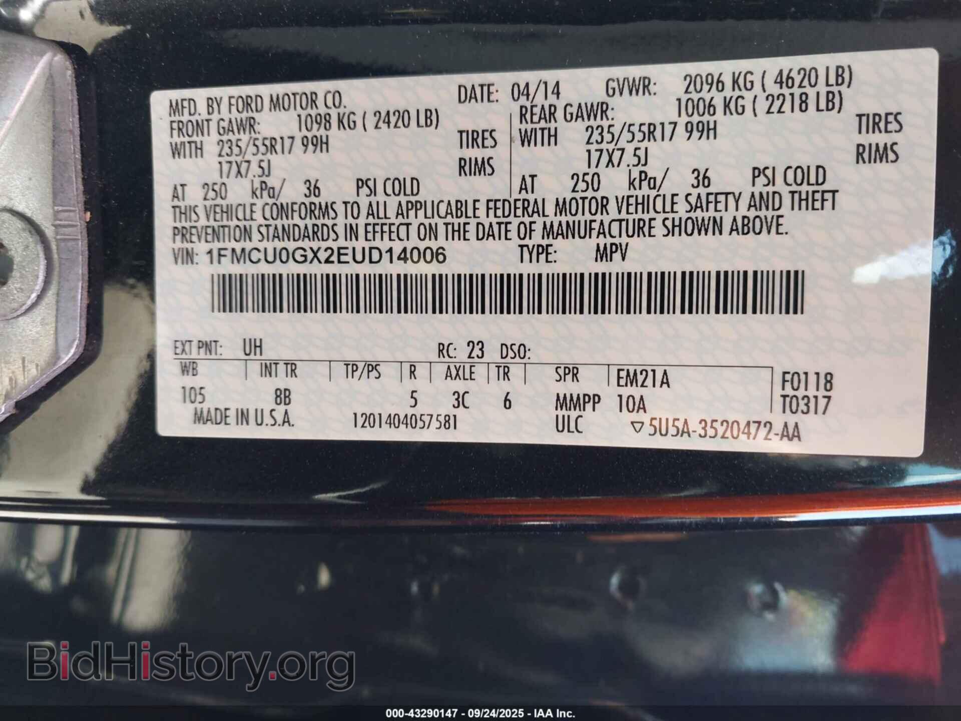 2014 FORD ESCAPE - VIN: 1FMCU0GX2EUD14006 - Фото 9
