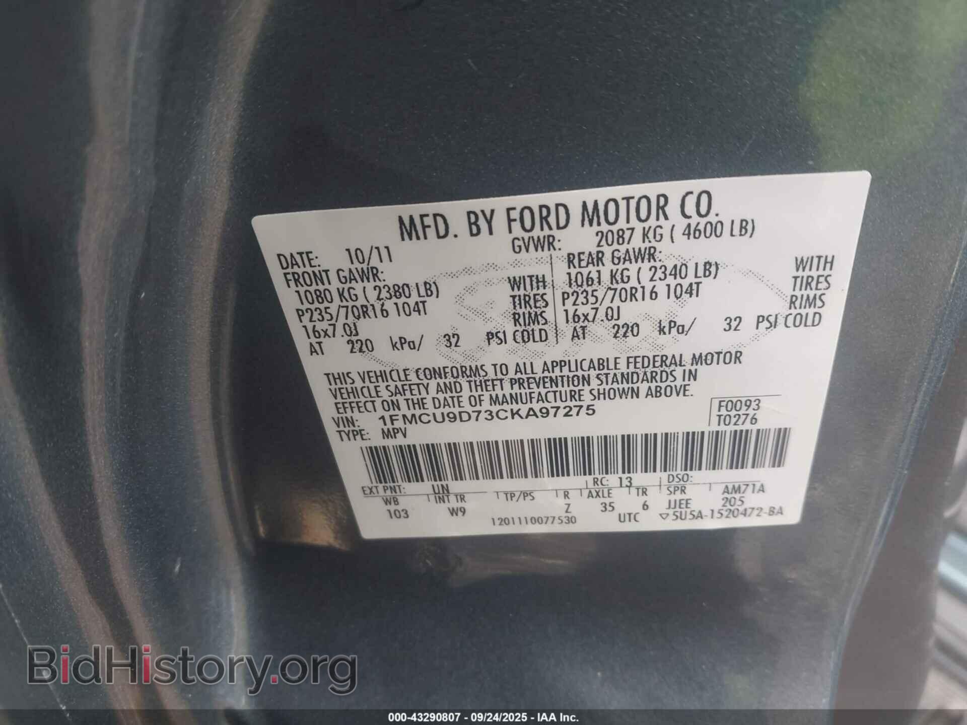 2012 FORD ESCAPE - VIN: 1FMCU9D73CKA97275 - Фото 9