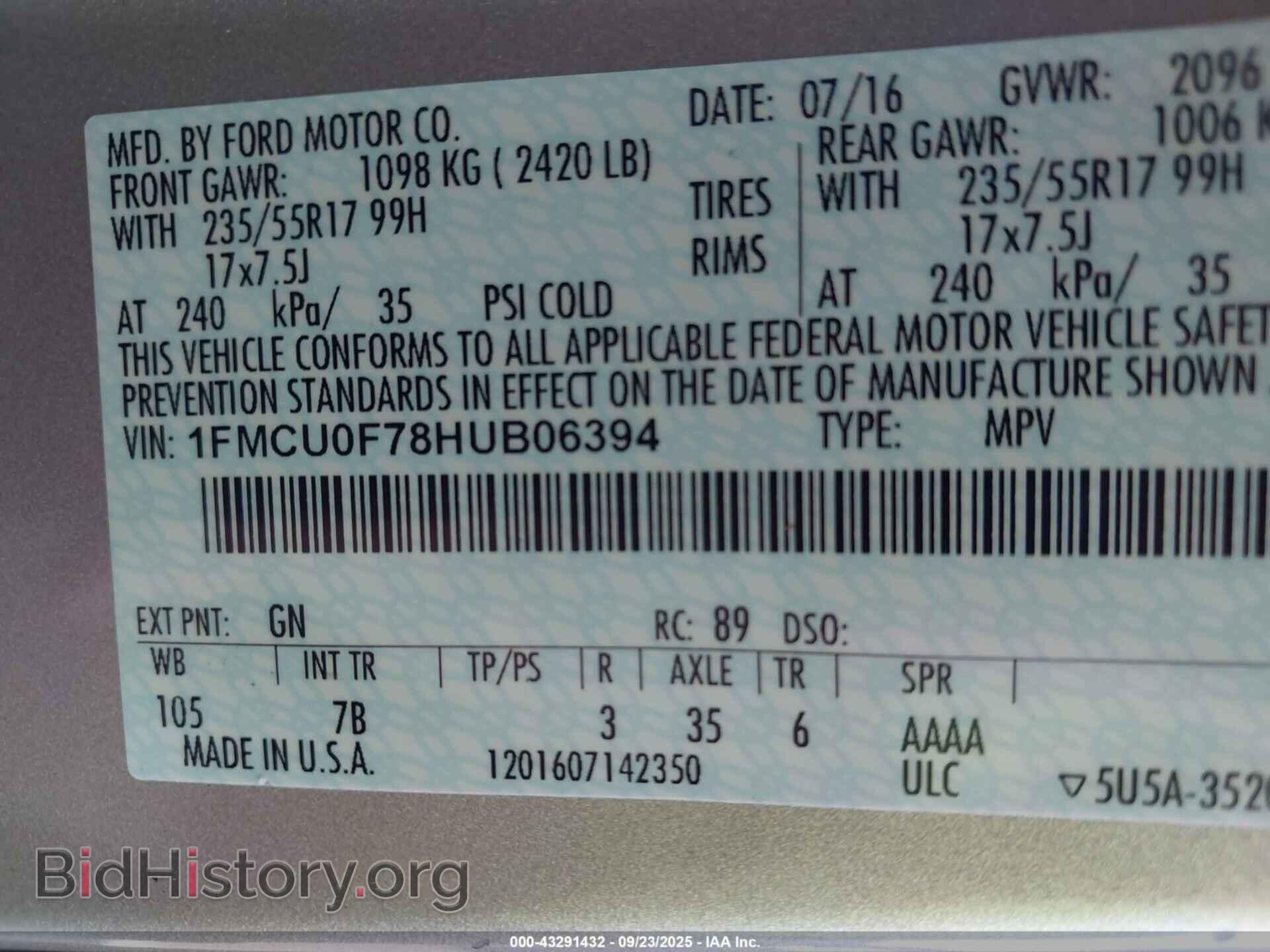 2017 FORD ESCAPE - VIN: 1FMCU0F78HUB06394 - Фото 9