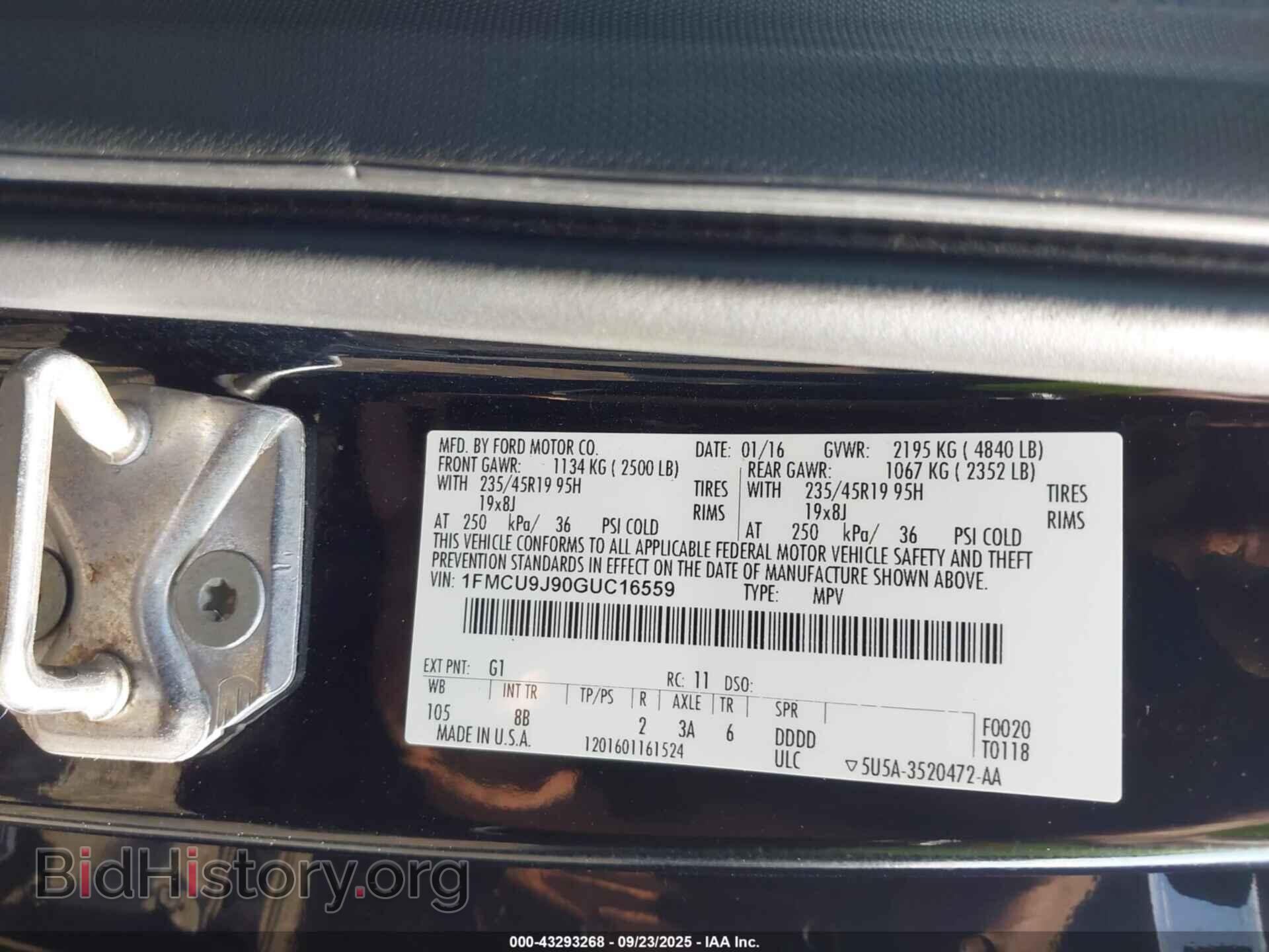 2016 FORD ESCAPE - VIN: 1FMCU9J90GUC16559 - Фото 9