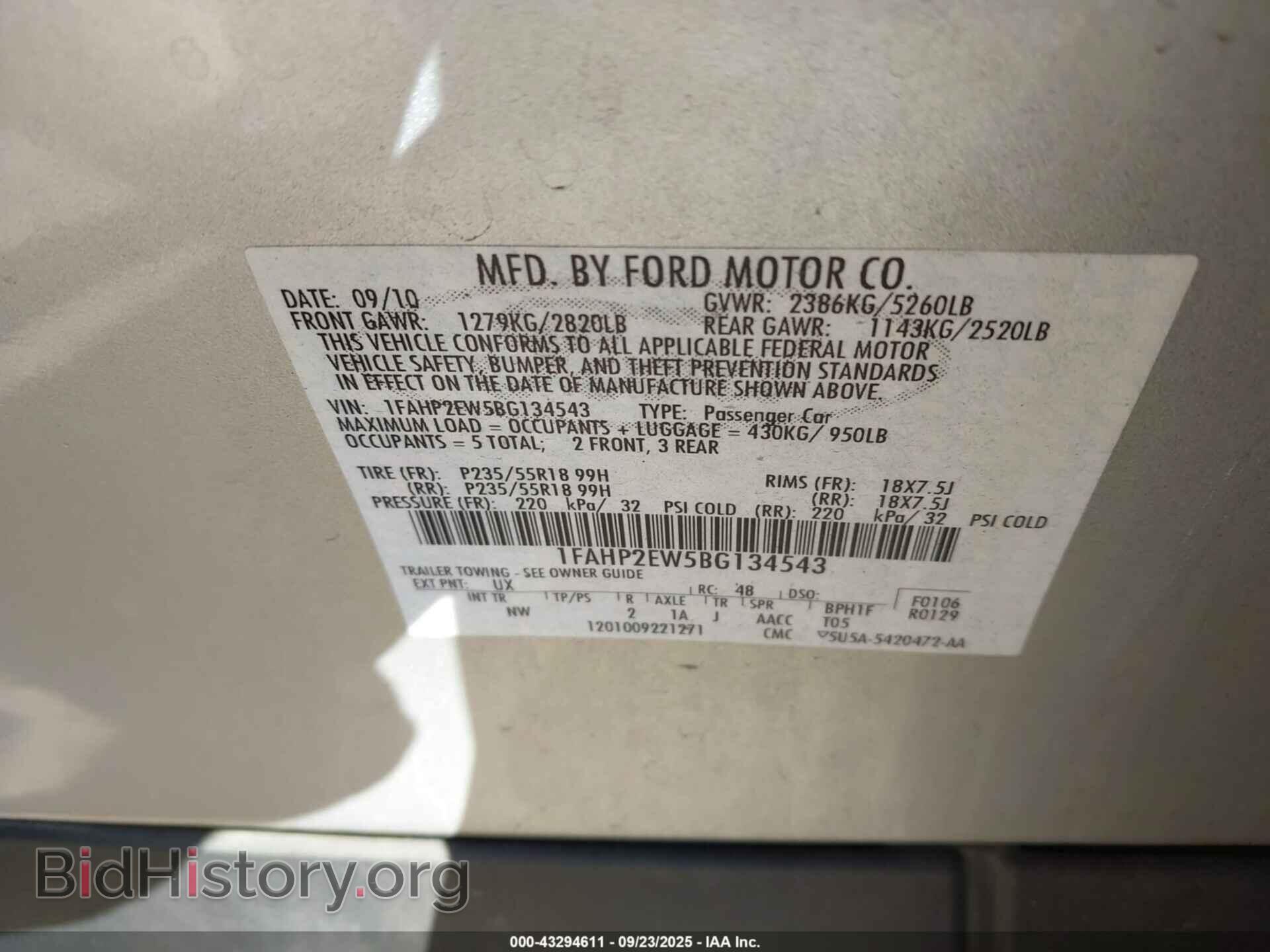 2011 FORD TAURUS - VIN: 1FAHP2EW5BG134543 - Фото 9