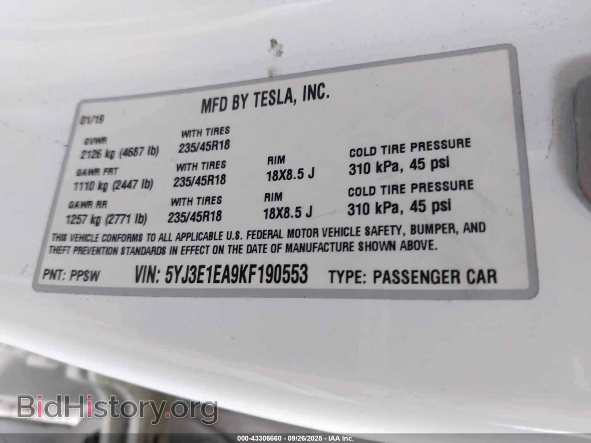 2019 TESLA MODEL 3 - VIN: 5YJ3E1EA9KF190553 - Фото 9