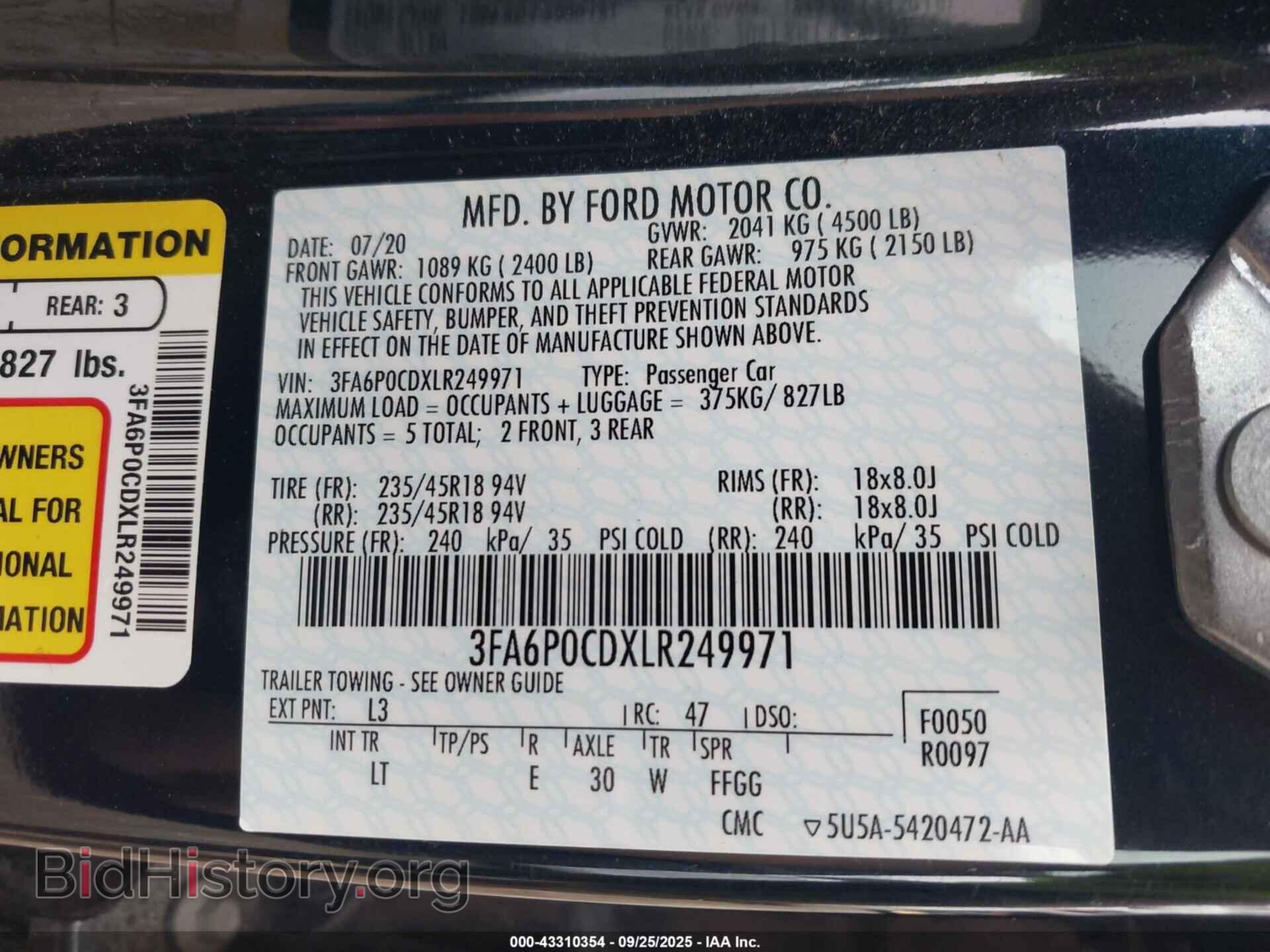 2020 FORD FUSION - VIN: 3FA6P0CDXLR249971 - Фото 9