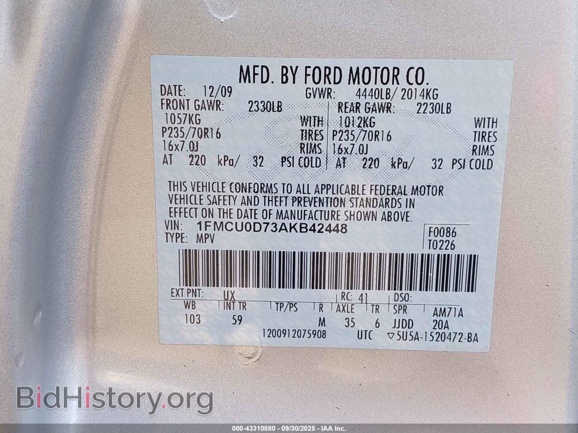 2010 FORD ESCAPE - VIN: 1FMCU0D73AKB42448 - Фото 9