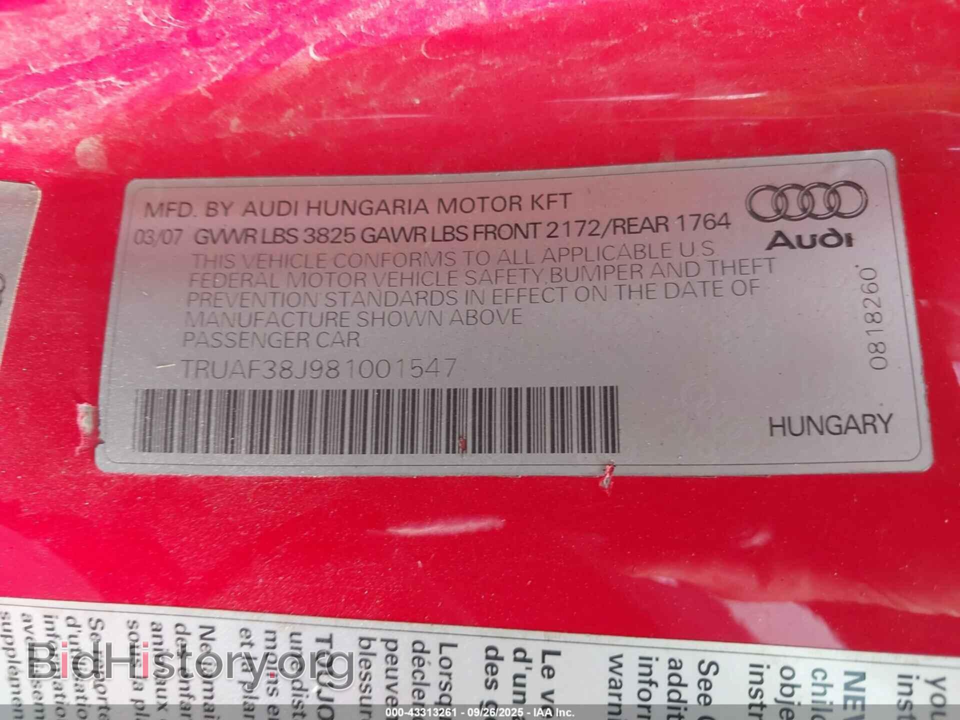 2008 AUDI TT - VIN: TRUAF38J981001547 - Фото 9
