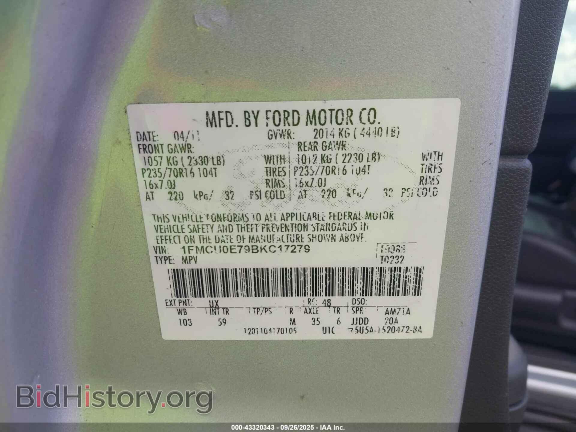 2011 FORD ESCAPE - VIN: 1FMCU0E79BKC17279 - Фото 9