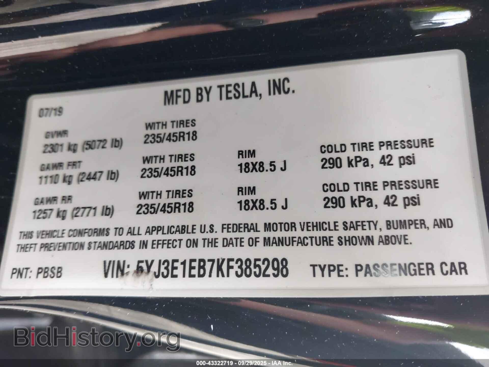 2019 TESLA MODEL 3 - VIN: 5YJ3E1EB7KF385298 - Фото 9