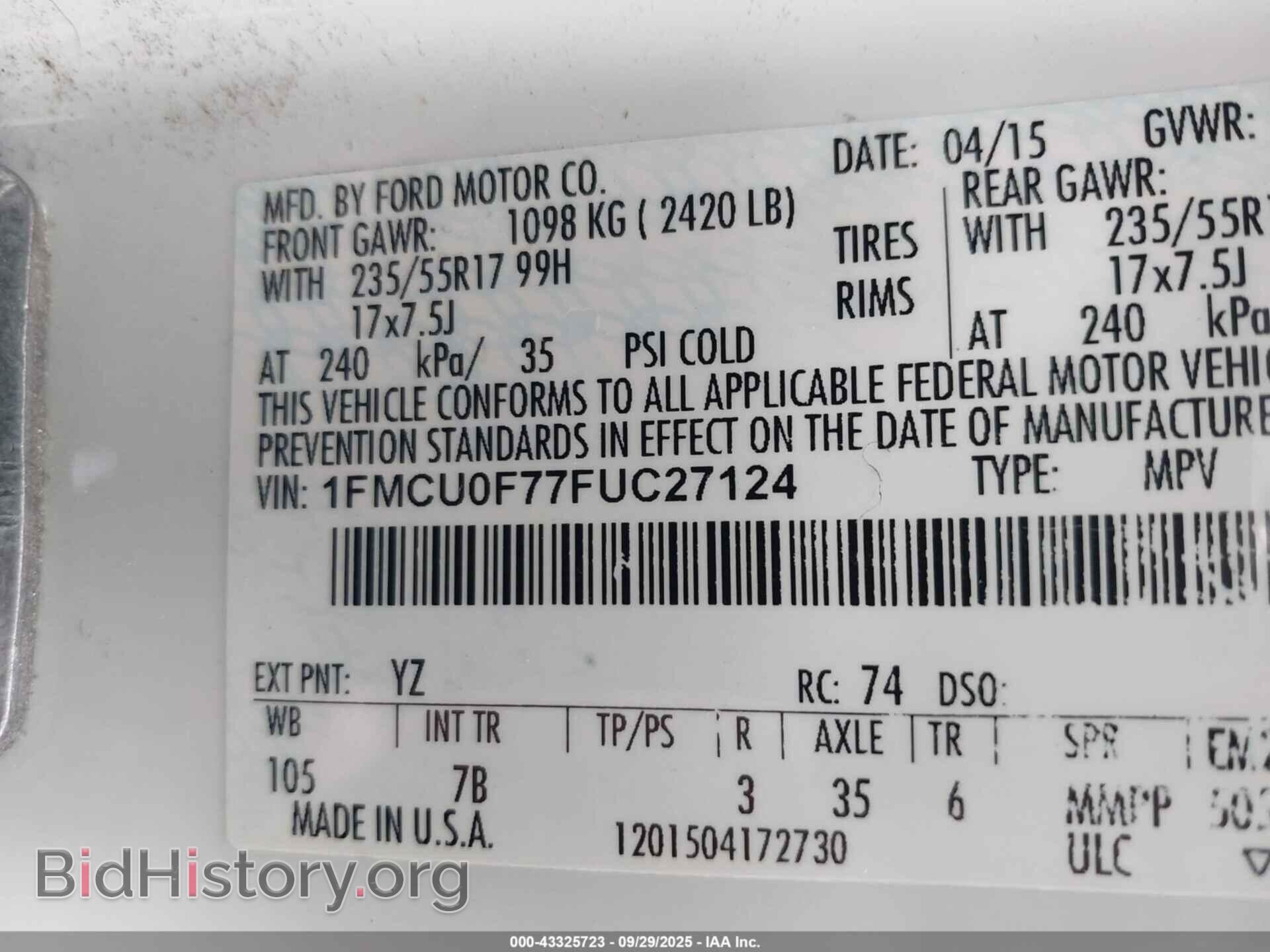 2015 FORD ESCAPE - VIN: 1FMCU0F77FUC27124 - Фото 9
