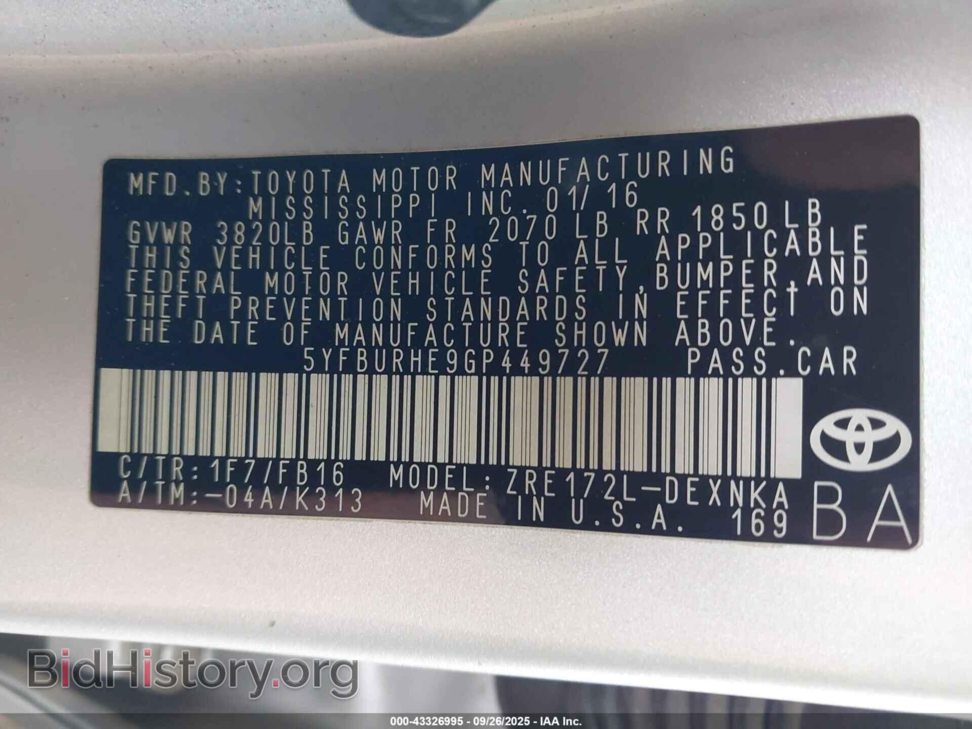 2016 TOYOTA COROLLA - VIN: 5YFBURHE9GP449727 - Фото 9