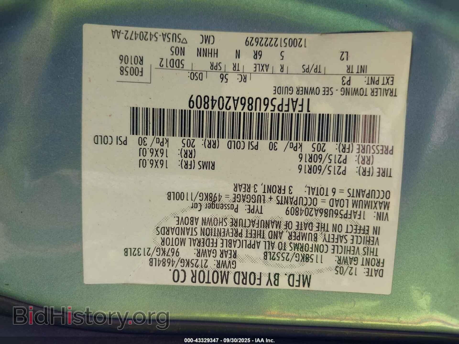 2006 FORD TAURUS - VIN: 1FAFP56U86A204809 - Фото 9