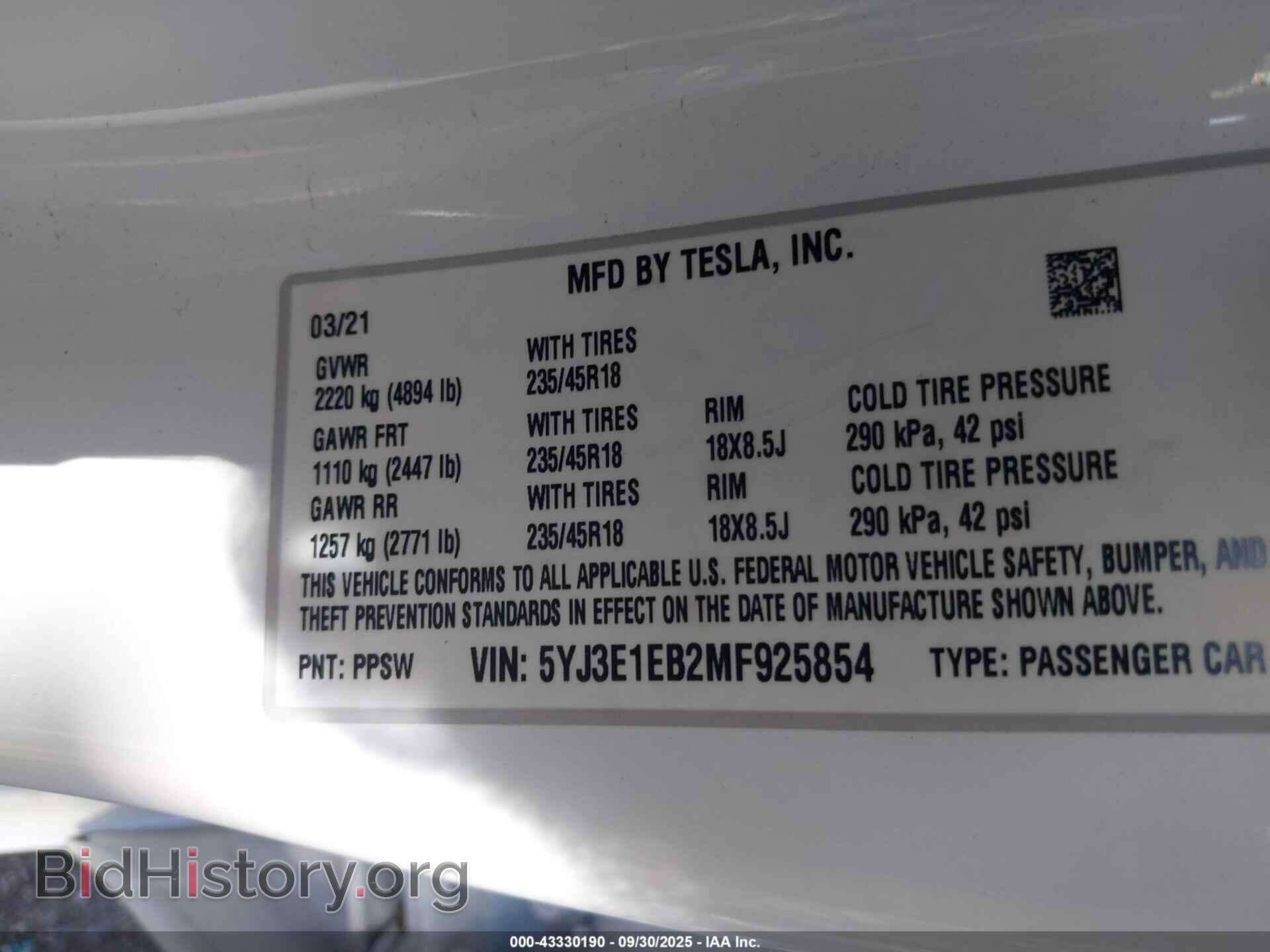2021 TESLA MODEL 3 - VIN: 5YJ3E1EB2MF925854 - Фото 9