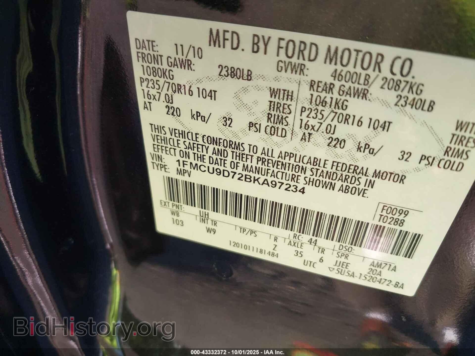 2011 FORD ESCAPE - VIN: 1FMCU9D72BKA97234 - Фото 9