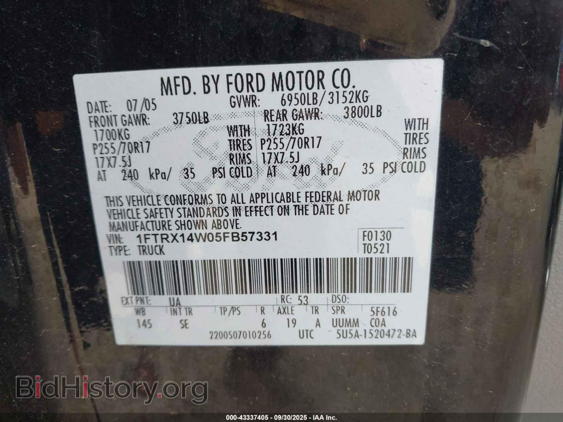 2005 FORD F-150 - VIN: 1FTRX14W05FB57331 - Фото 9