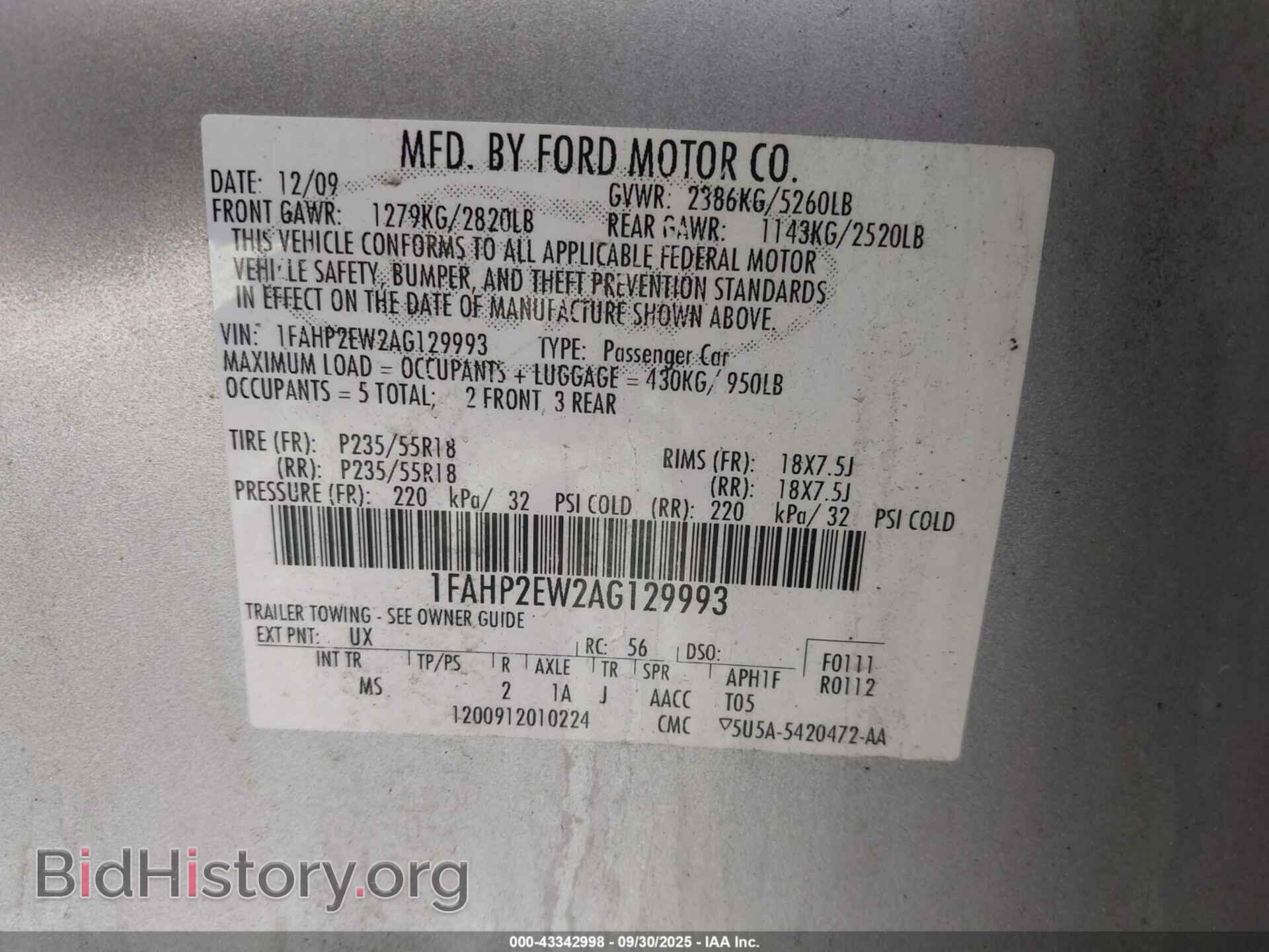 2010 FORD TAURUS - VIN: 1FAHP2EW2AG129993 - Photo 9