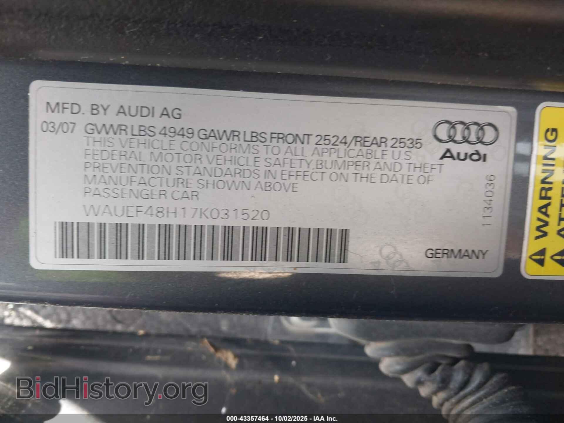2007 AUDI A4 - VIN: WAUEF48H17K031520 - Фото 9